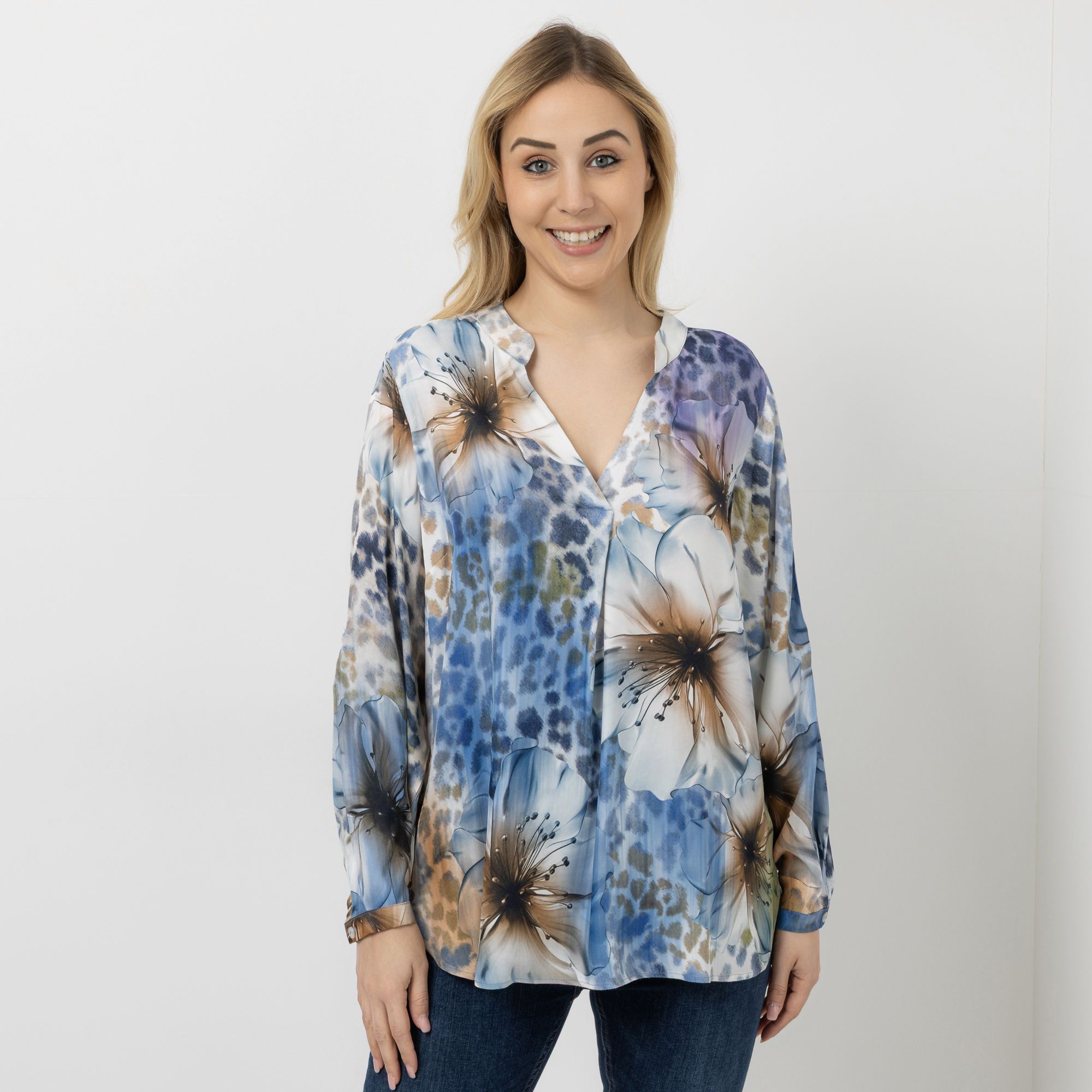 DINE 'N' DANCE Bluse, 1/1-Arm V-Ausschnitt bedruckt leger weit