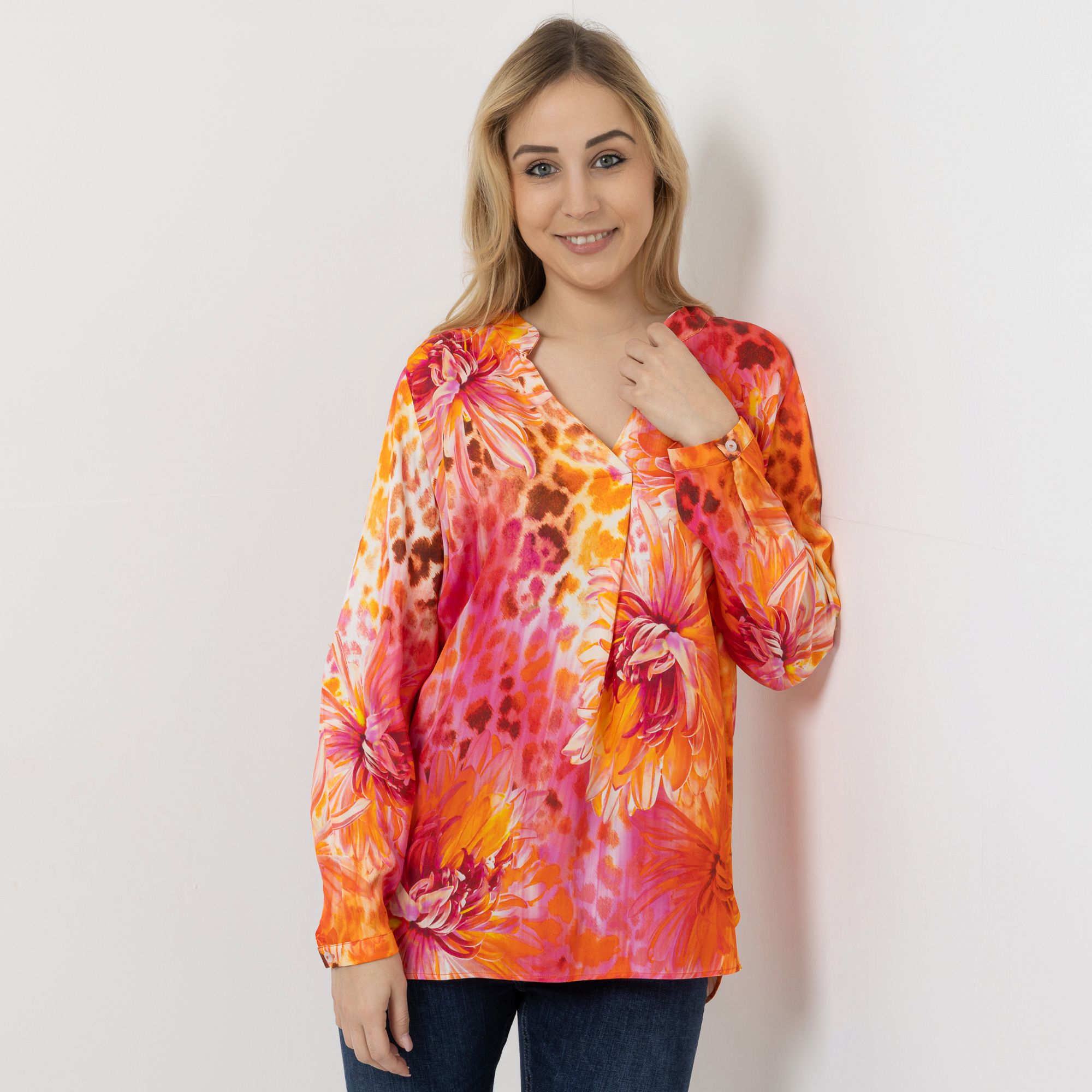 DINE 'N' DANCE Bluse, 1/1-Arm V-Ausschnitt bedruckt leger weit