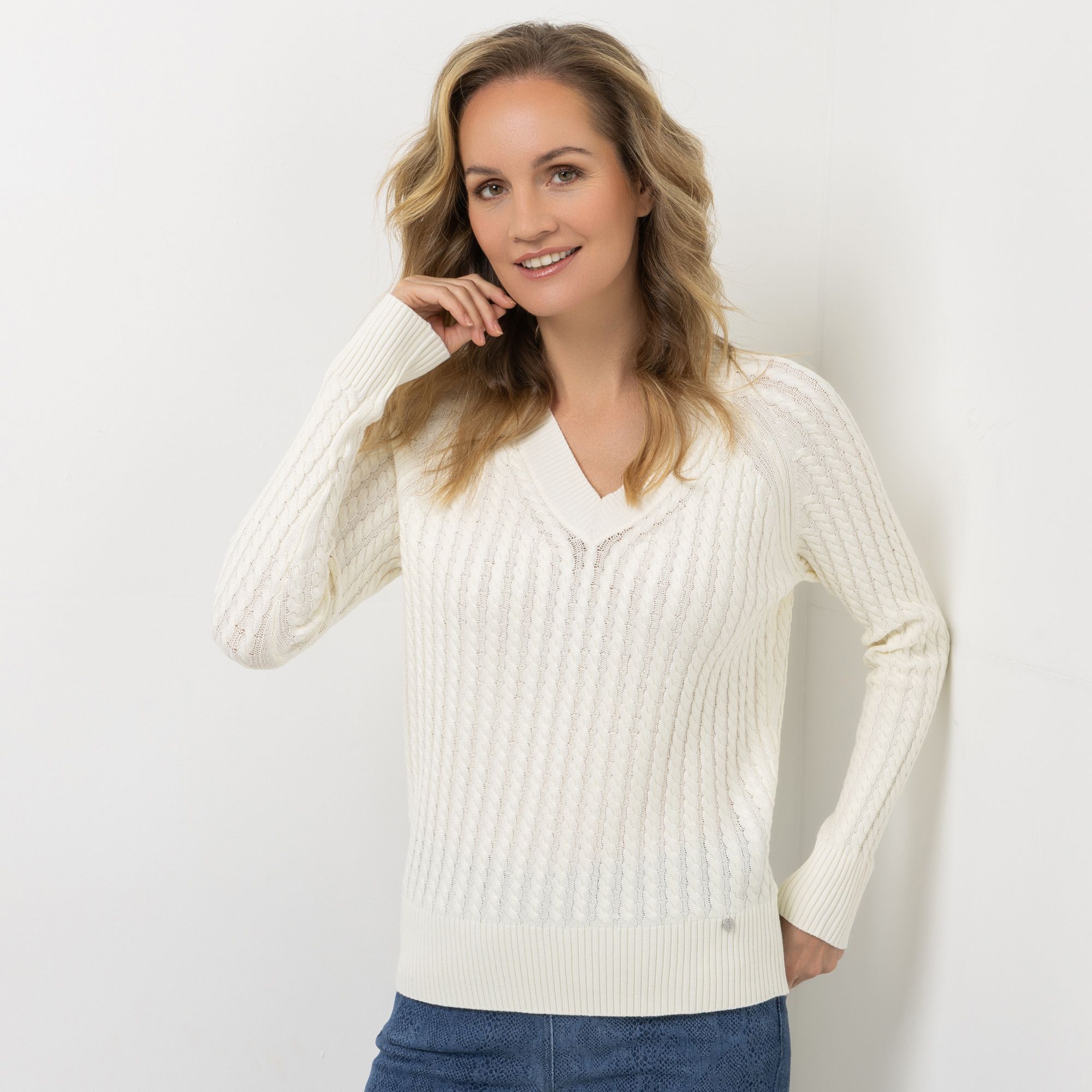 EVA LUTZ Pullover V-Ausschnitt mit Zopfstrickmuster figurbetont