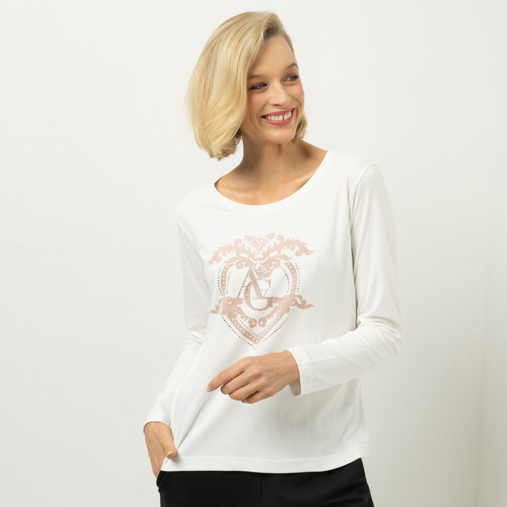 ANNA VON GRIESHEIM Shirt, langarm Pima Cotton Strassmotiv figurumspielend