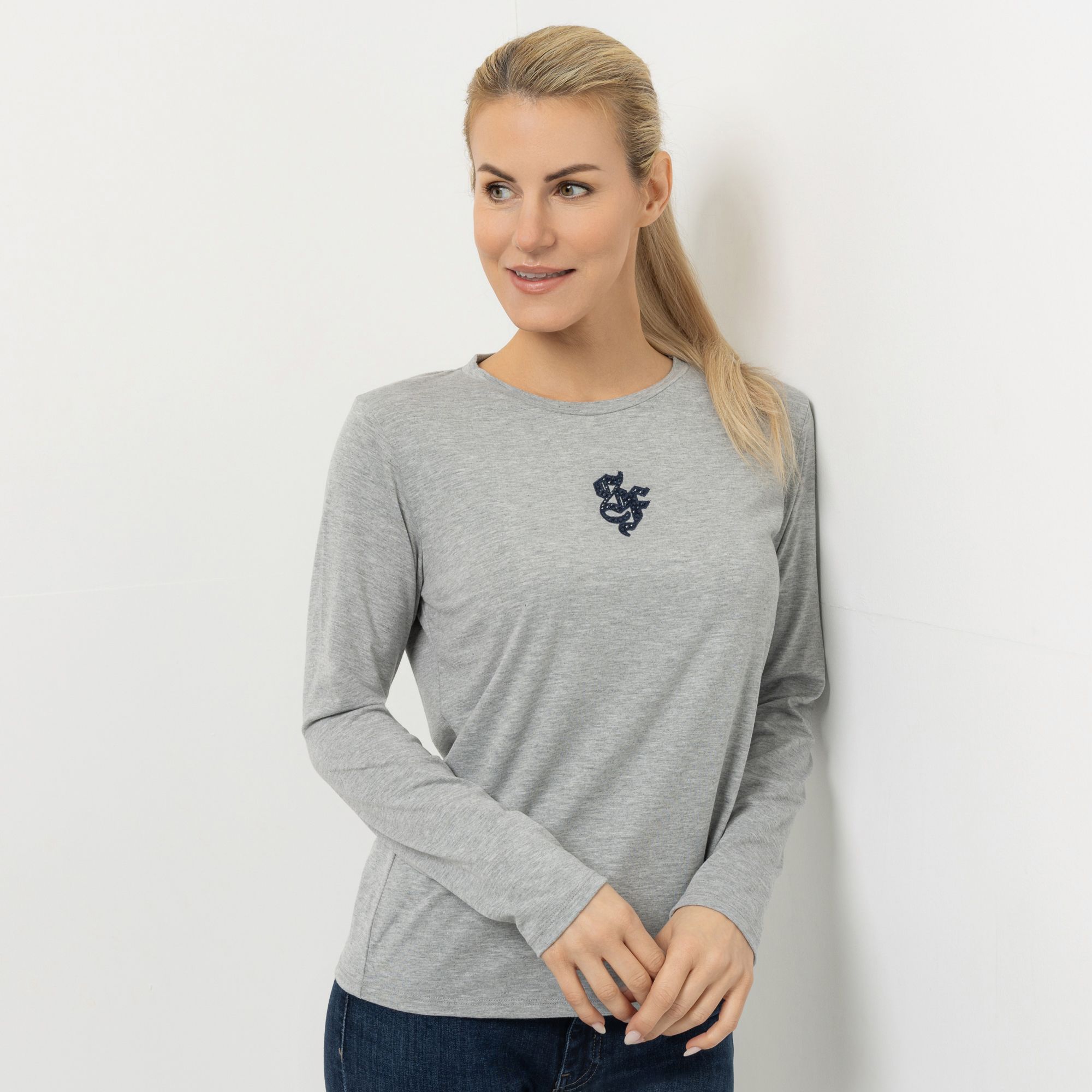 STRANDFEIN Shirt, Langarm Rundhalsausschnitt Logo-Applikation figurumspielend
