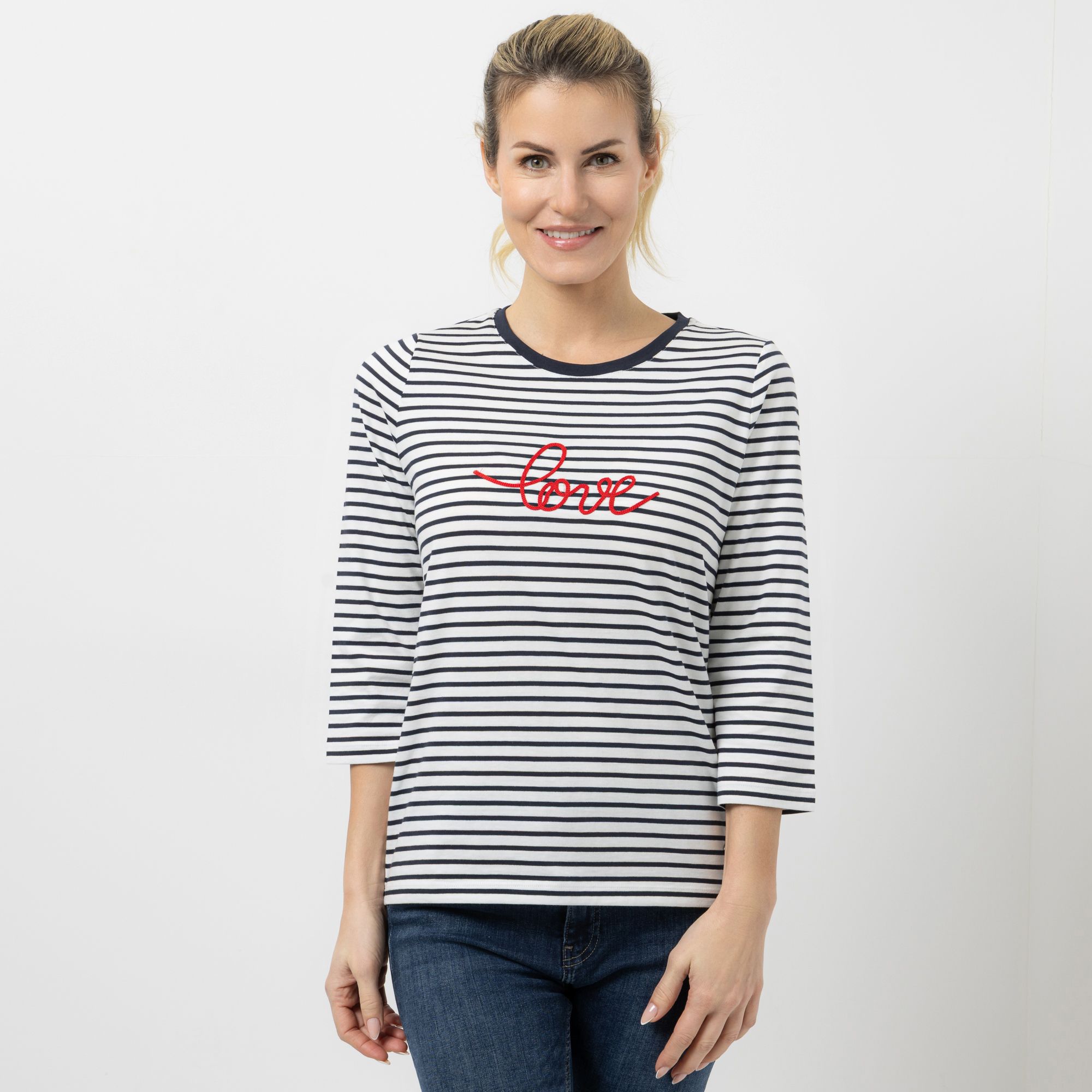 STRANDFEIN Shirt, 3/4-Arm Rundhalsausschnitt Logo-Stickerei figurumspielend