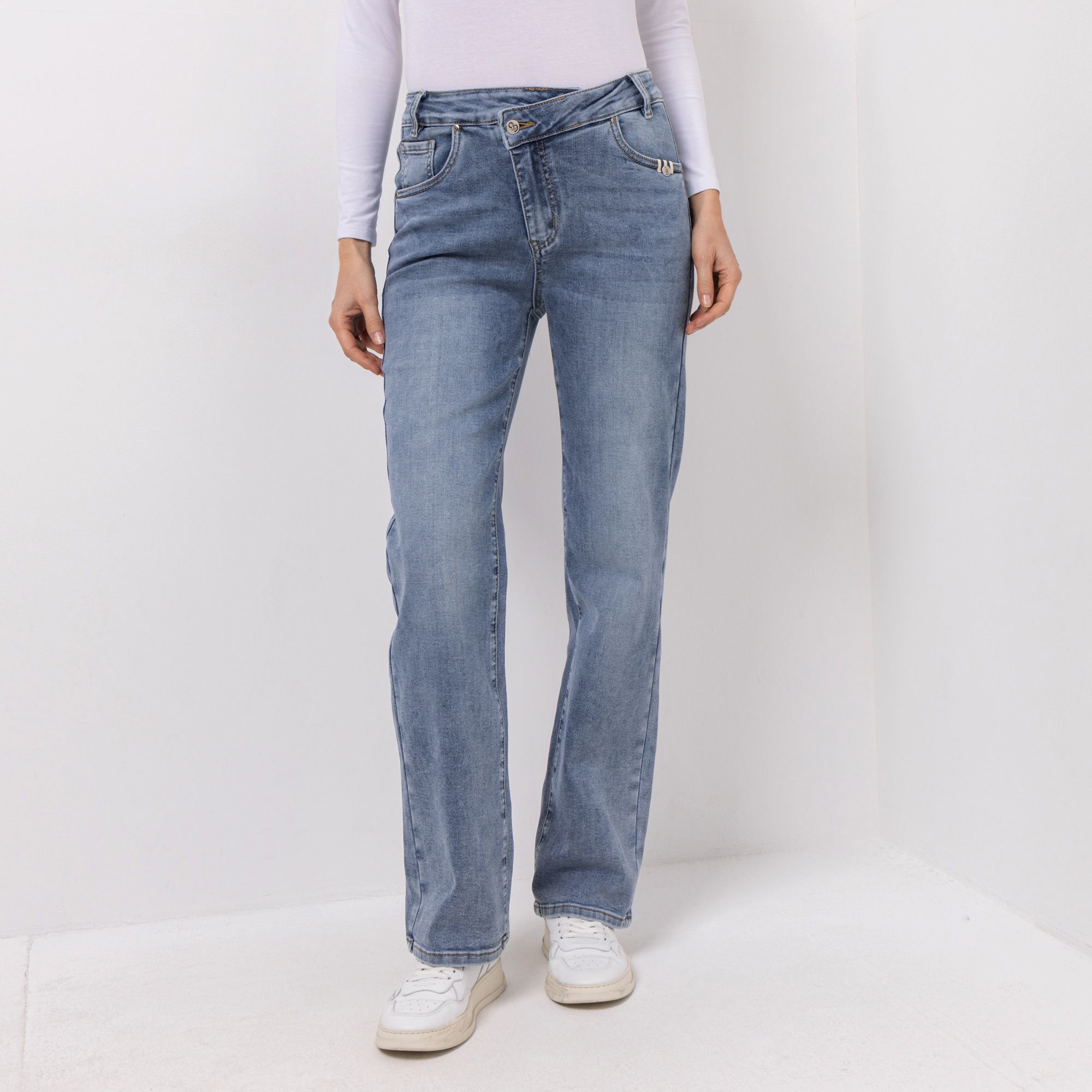 STRANDFEIN Jeans, lange Form 5-Pocket-Style überkreutzter Bund gerades Bein