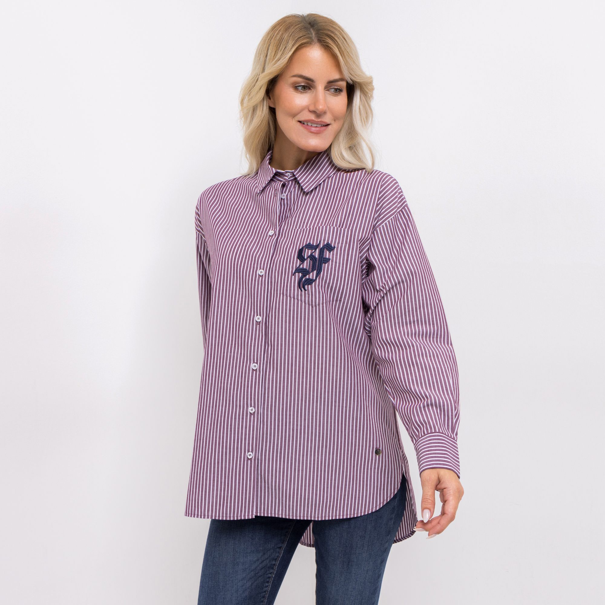 STRANDFEIN Bluse, oversized Hemdblusenkragen Brusttasche leger weit