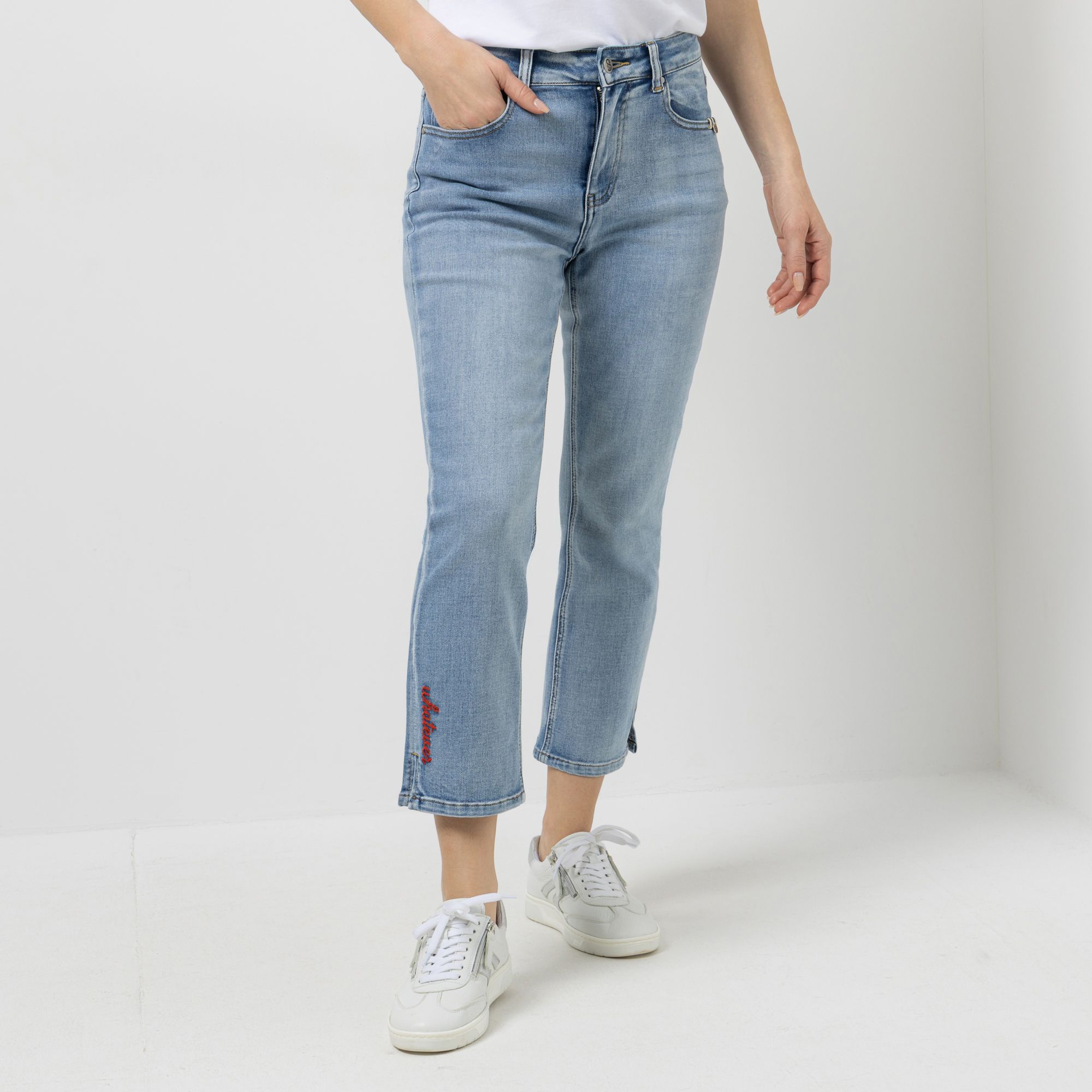 STRANDFEIN Jeans, 7/8-Länge 5-Pocket-Style Stickerei-Detail schmales Bein