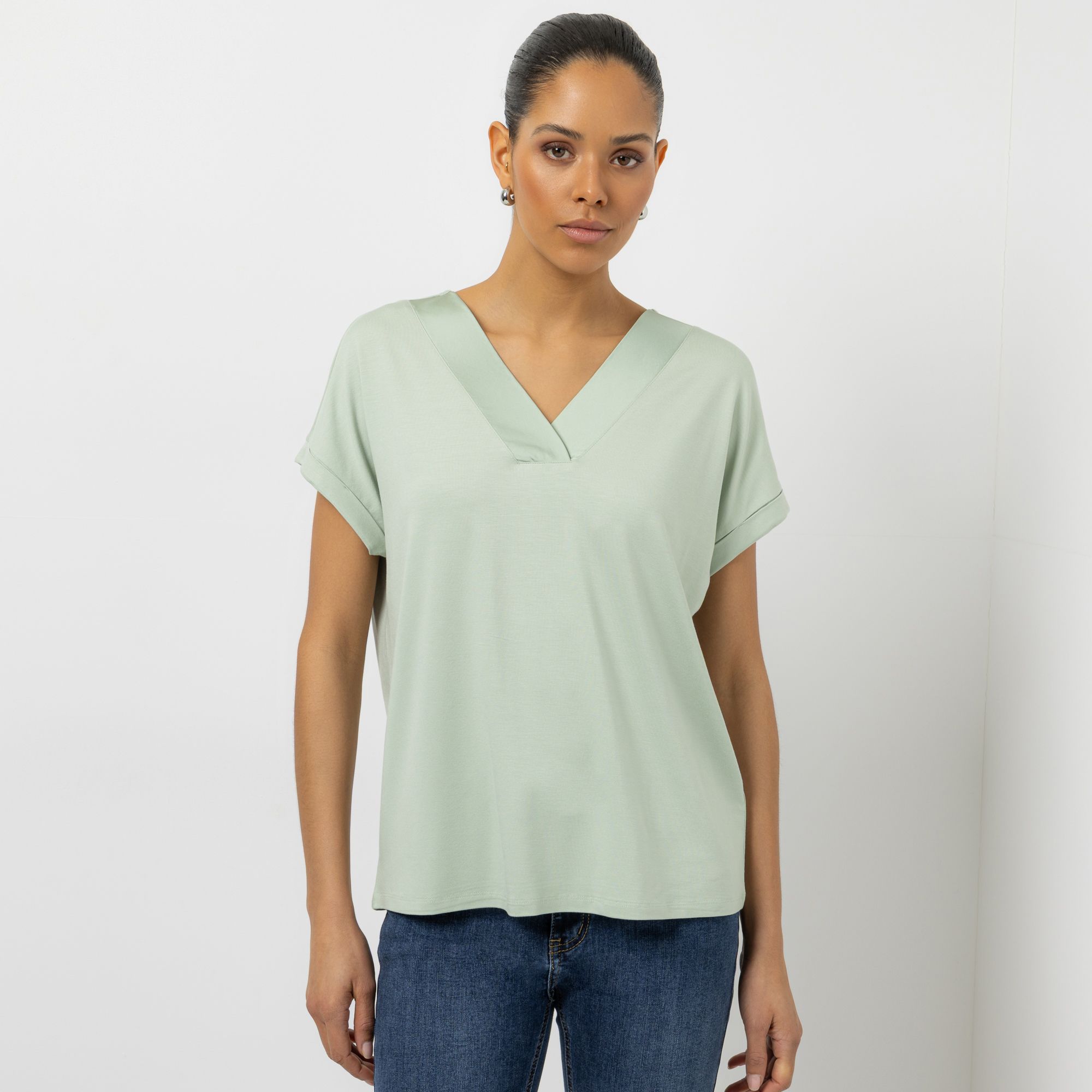 STEFFEN SCHRAUT Shirt, 1/2 Arm V-Ausschnitt Satin-Blende leger weit