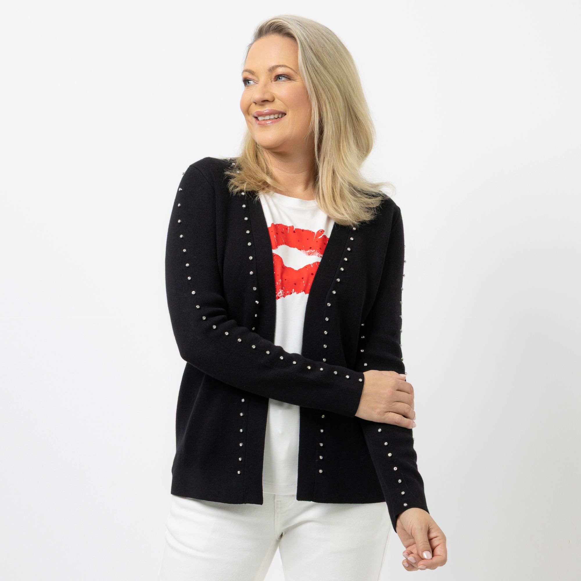 KILIAN KERNER SENSES Cardigan, Langarm Strasssteine offene Front figurumspielend