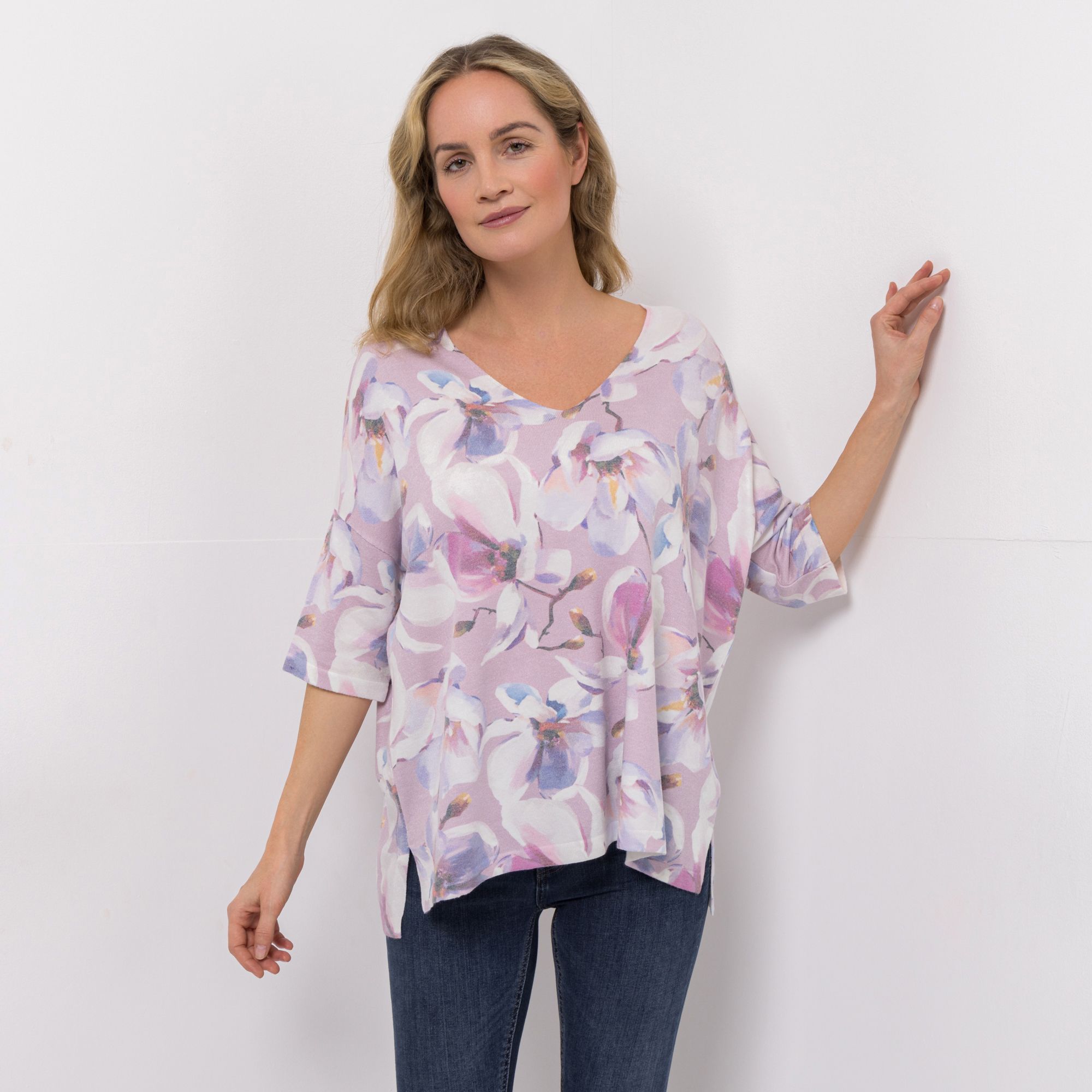 DINE 'N' DANCE Pullover, 1/2-Arm V-Ausschnitt Allover-Druck oversize