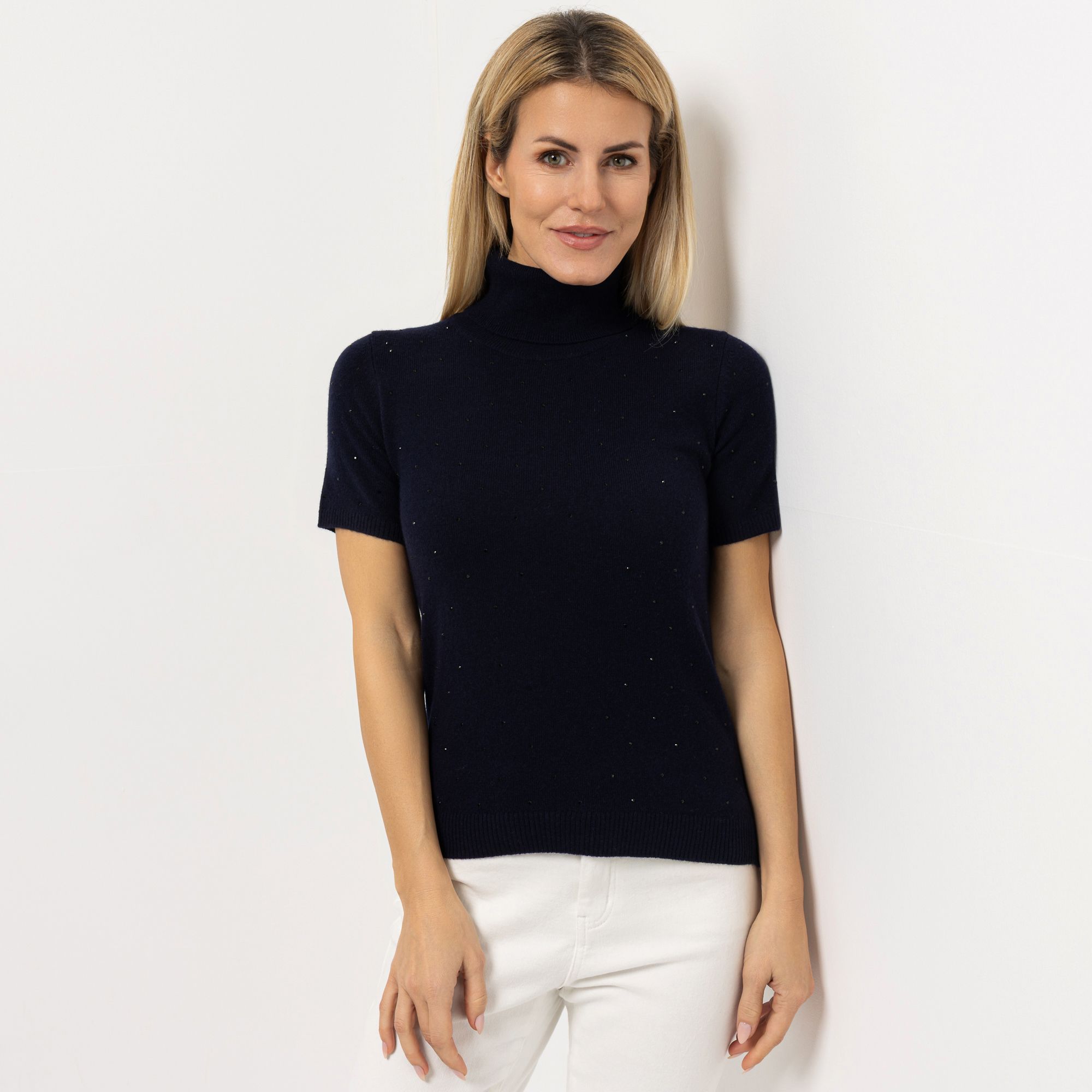 STRANDFEIN Pullover, 1/2-Arm Rollkragen Strasssteine Allover figurbetont