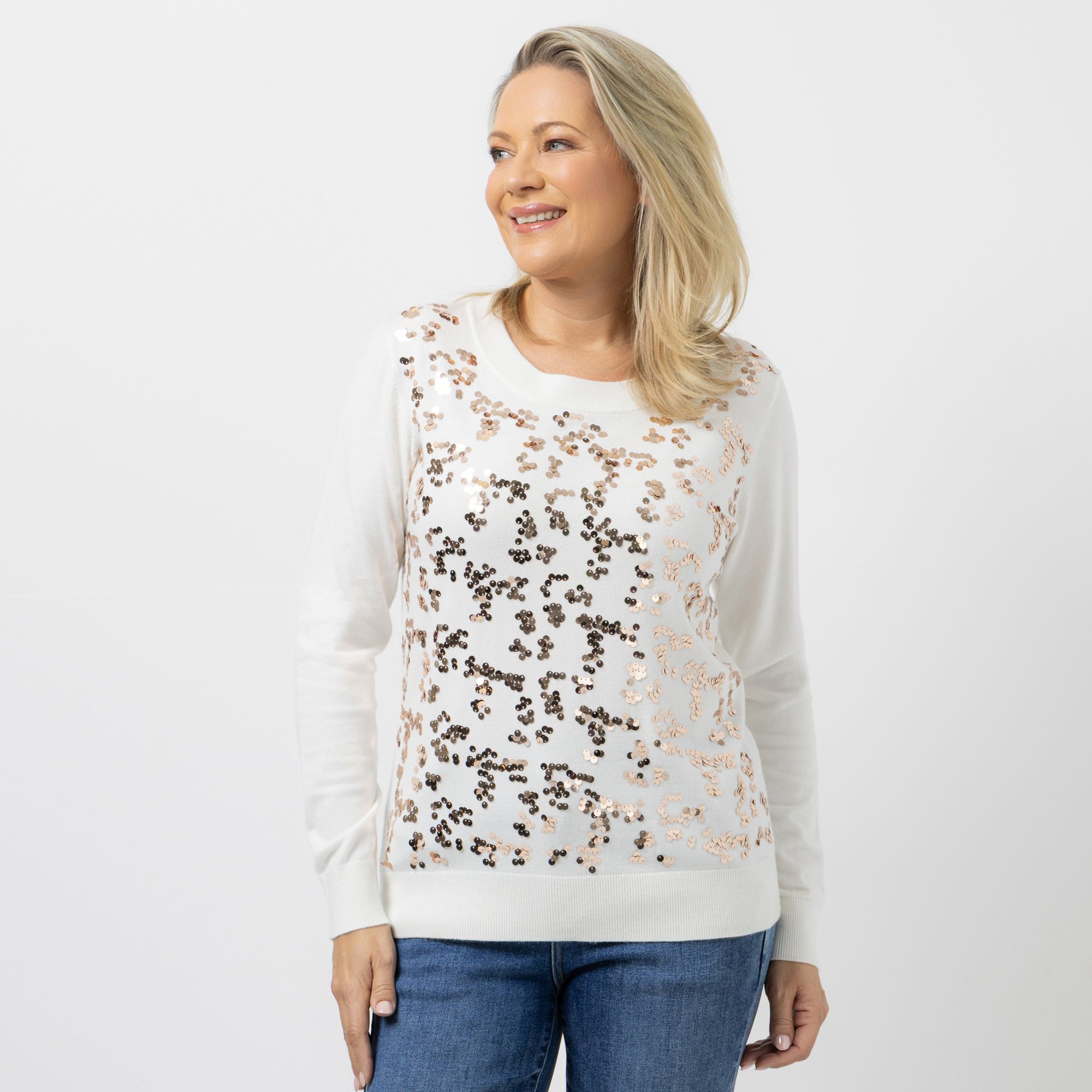 KILIAN KERNER SENSES Pullover, Langarm Rundhalsausschnitt Pailletten-Details figurumspielend