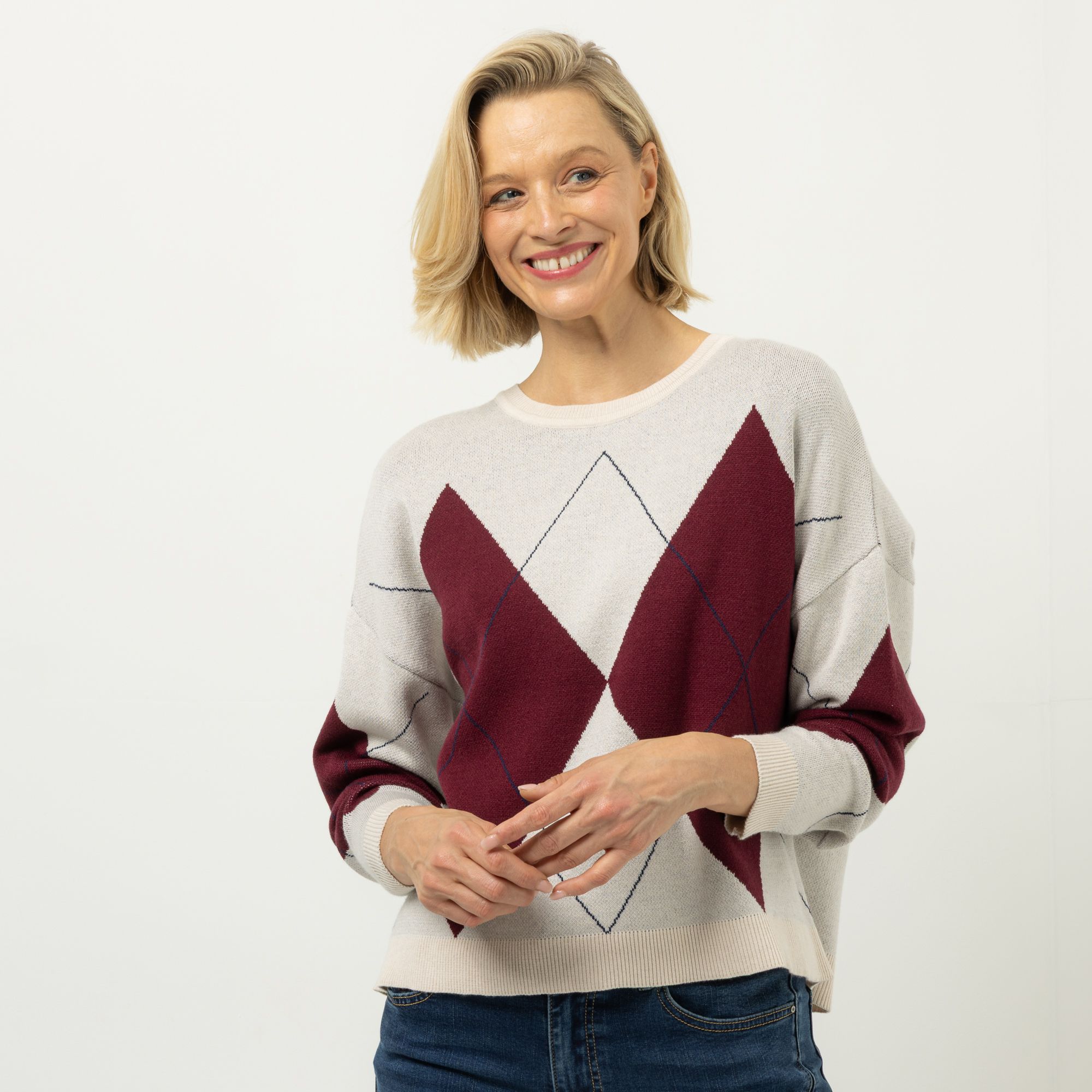 DINE 'N' DANCE Pullover Rundhalsausschnitt Jacquard-Strick leger weit