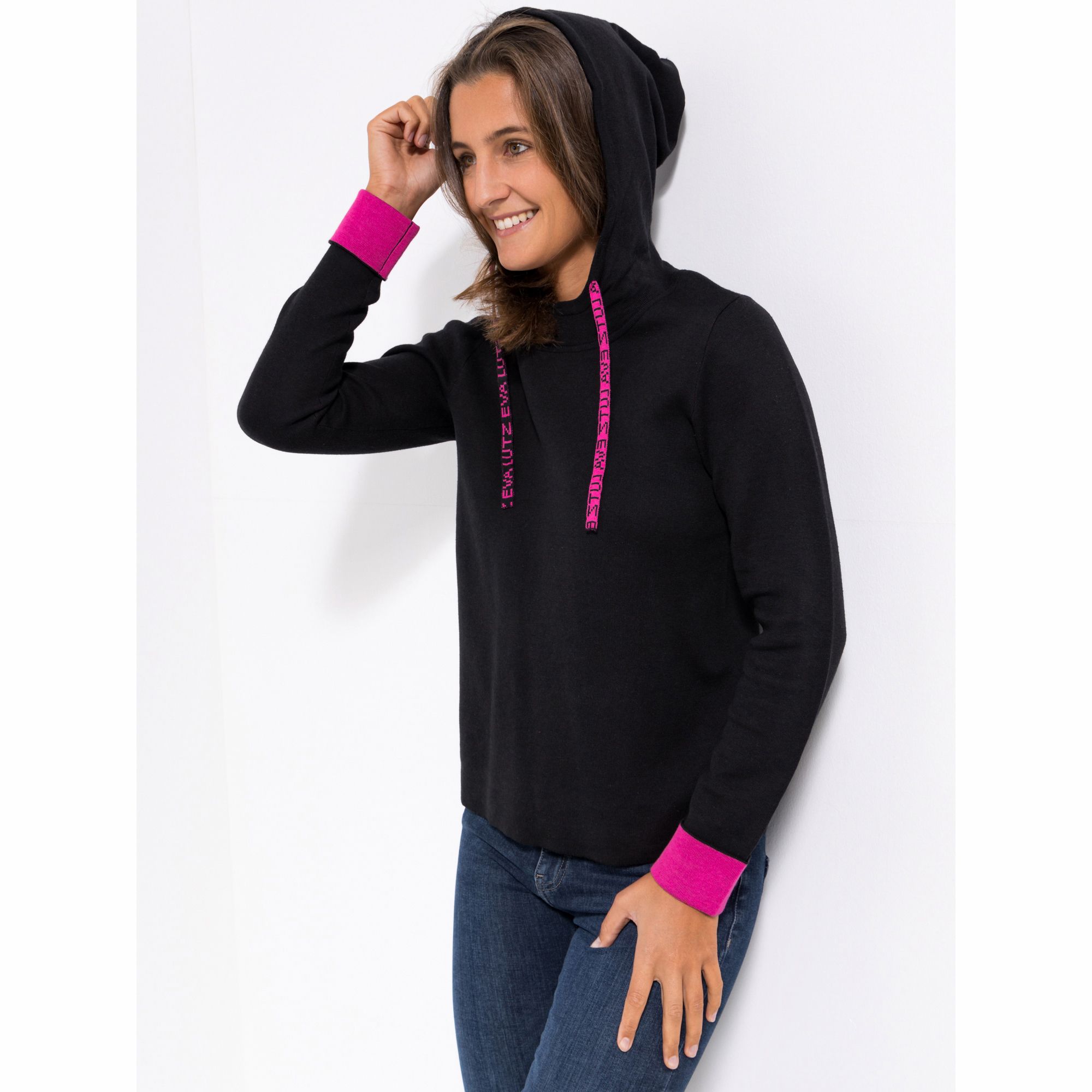 EVA LUTZ Pullover Kapuze Rundhalsausschnitt figurumspielend