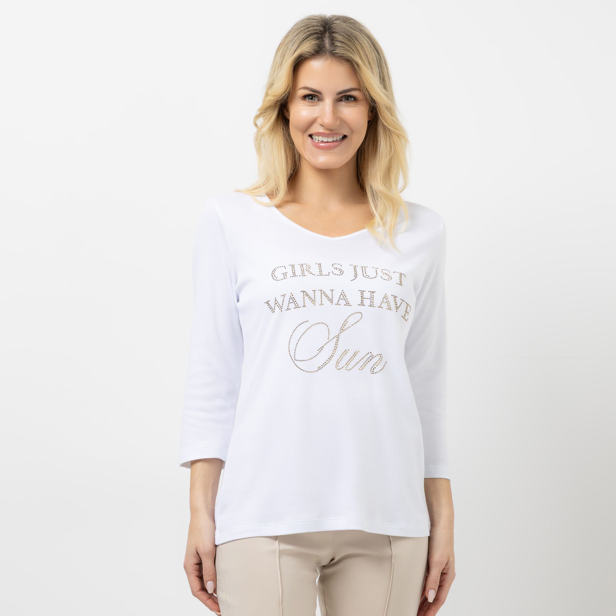 SCHIFFHAUER MUNICH® Shirt 3/4-Arm V-Ausschnitt mit Strassschrift figurumspielend