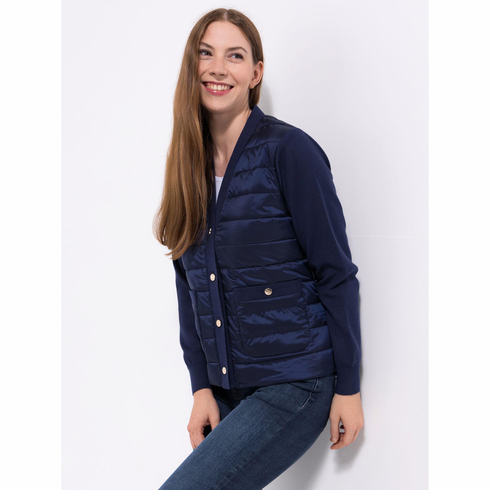 ANNI FOR FRIENDS Jacke, V-Ausschnitt Knopfleiste Materialmix figurumspielend