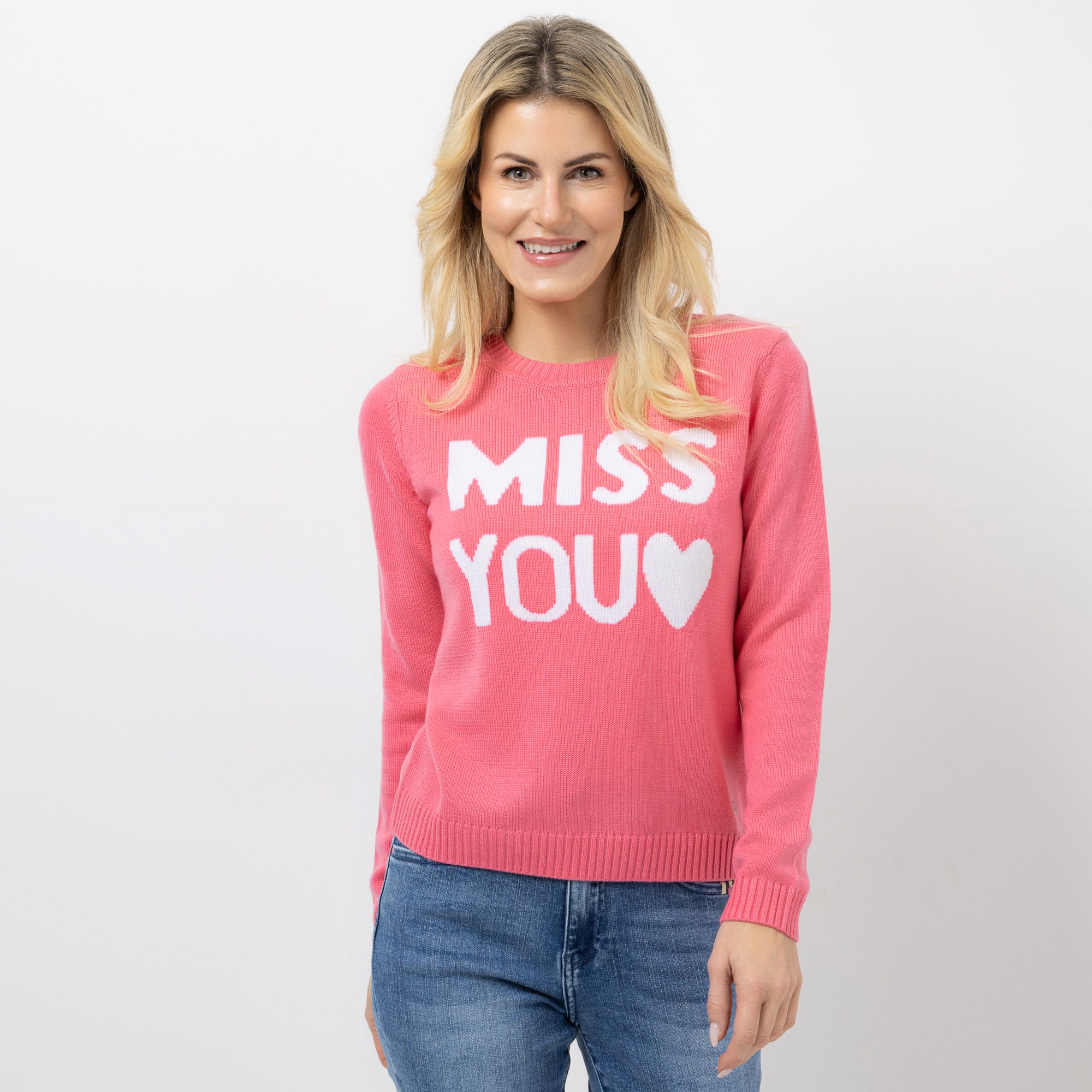 STRANDFEIN Pullover Rundhalsausschnitt Schriftzug-Intarsie figurumspielend