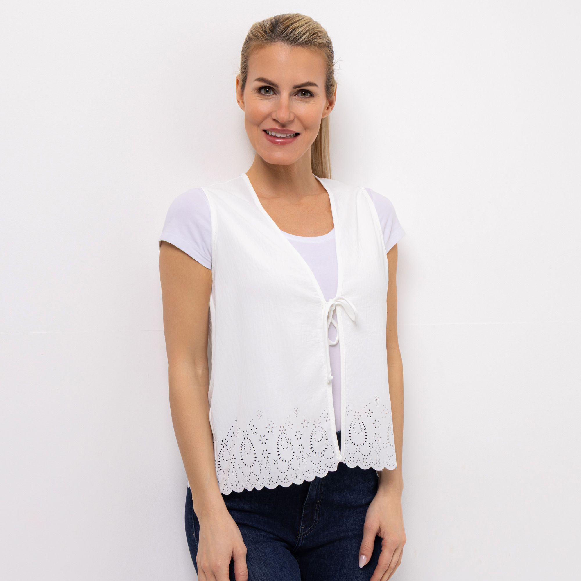 KIM & CO. Weste, Bindeband Struktur-Popeline Bordüre: Lochmuster figurumspielend