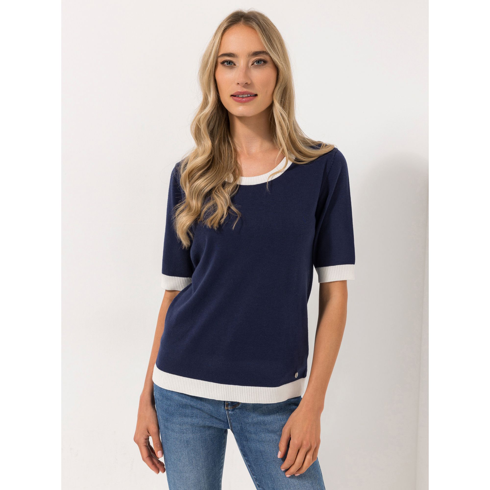 STRANDFEIN Pullover, 1/2-Arm Rundhalsausschnitt Kontrast-Details figurumspielend