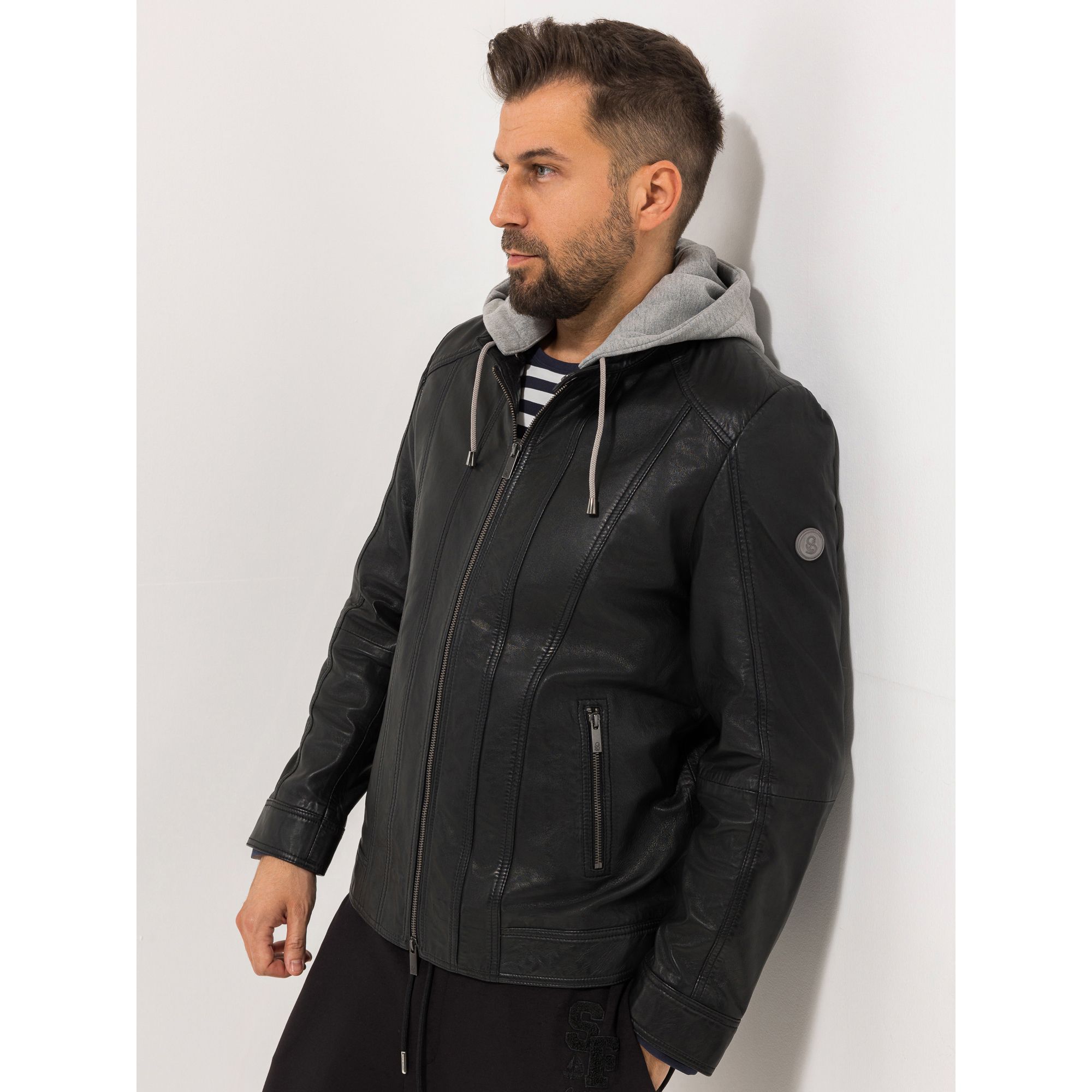 STRANDFEIN Menswear Lederjacke mit Sweatkapuze 2-Wege-Reißverschluss Stehkragen