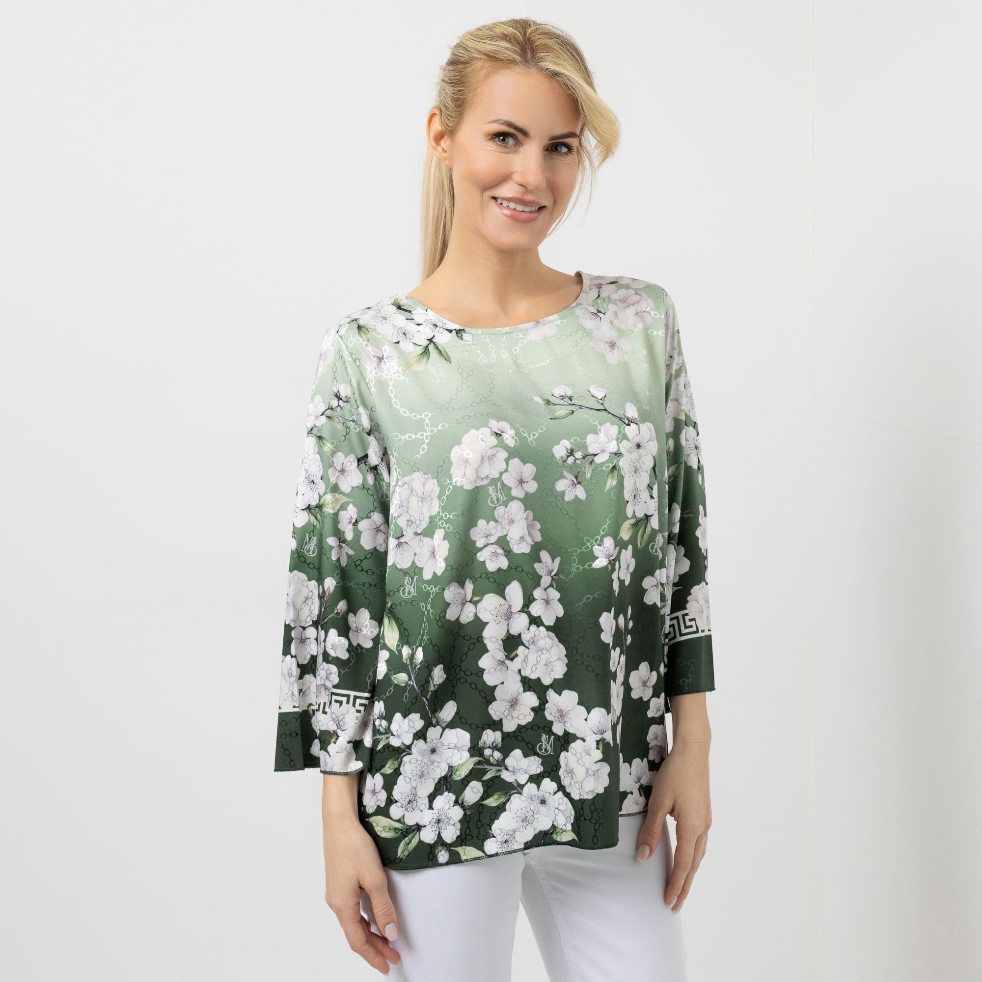 SCHIFFHAUER MUNICH® Bluse 3/4-Arm Rundhalsausschnitt ausgestellte Ärmel figurumspielend