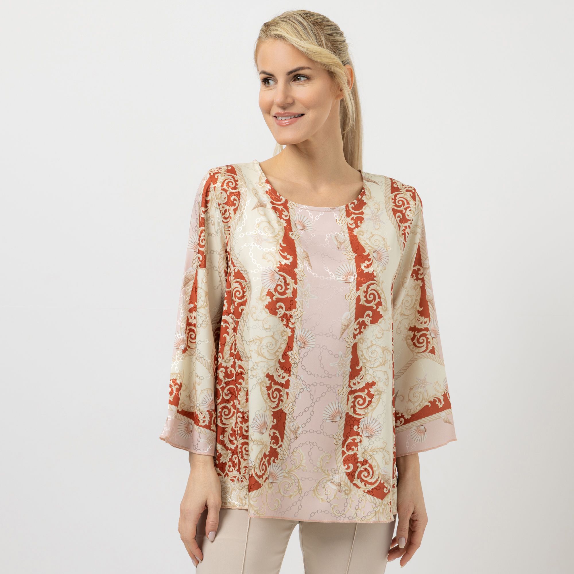 SCHIFFHAUER MUNICH® Bluse 3/4-Arm Rundhalsausschnitt ausgestellte Ärmel figurumspielend