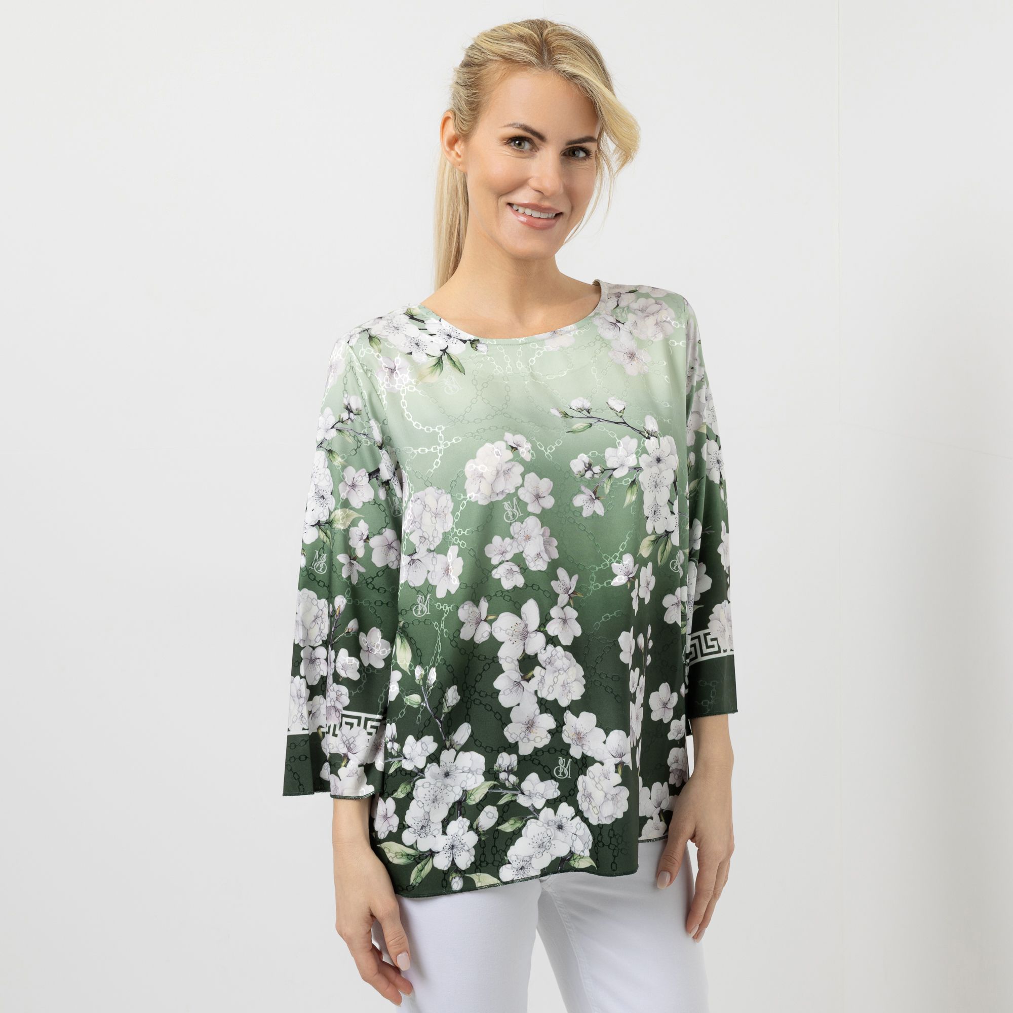 SCHIFFHAUER MUNICH® Bluse 3/4-Arm Rundhalsausschnitt ausgestellte Ärmel figurumspielend