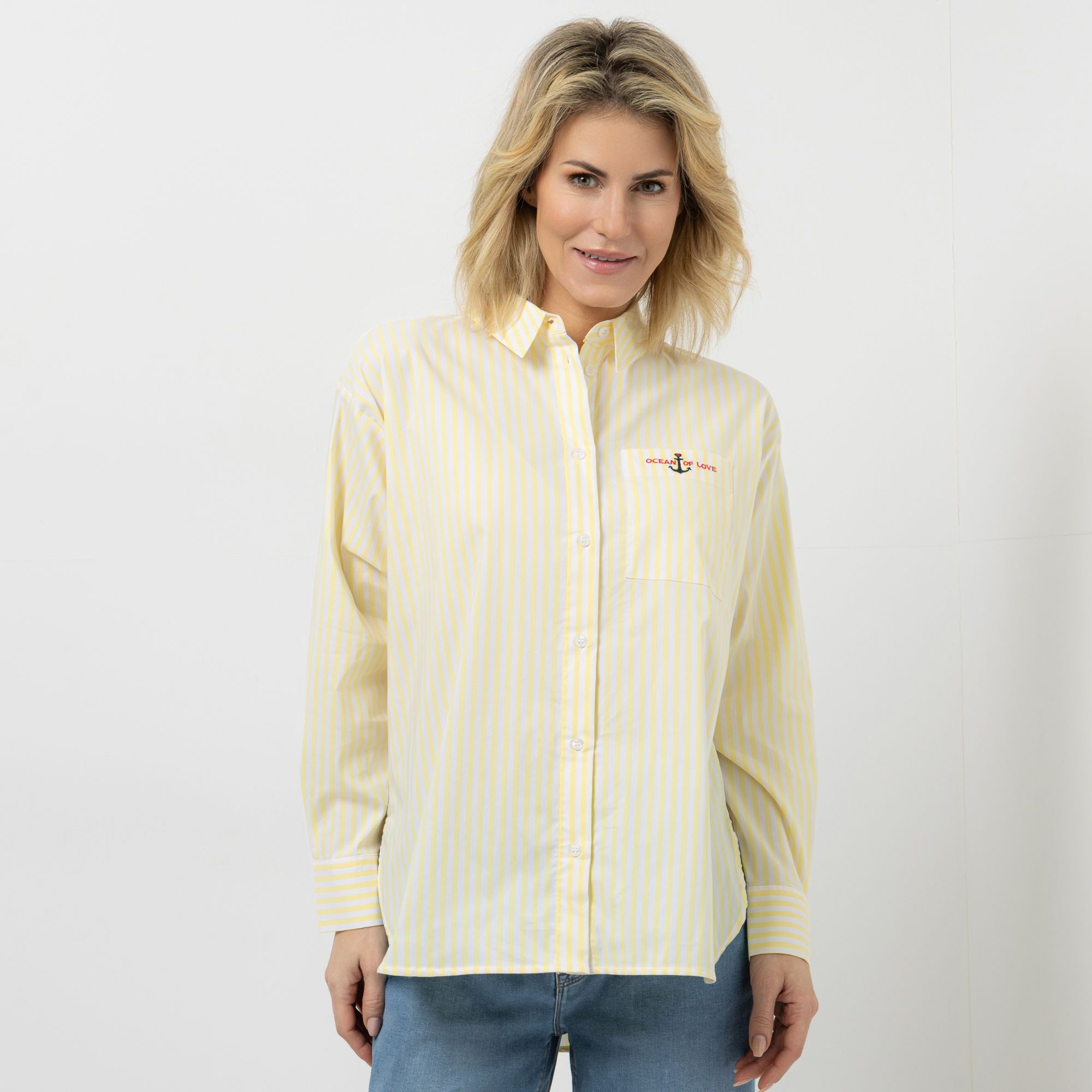 STRANDFEIN Bluse, oversize Hemdblusenkragen Brusttaschenstickerei leger weit