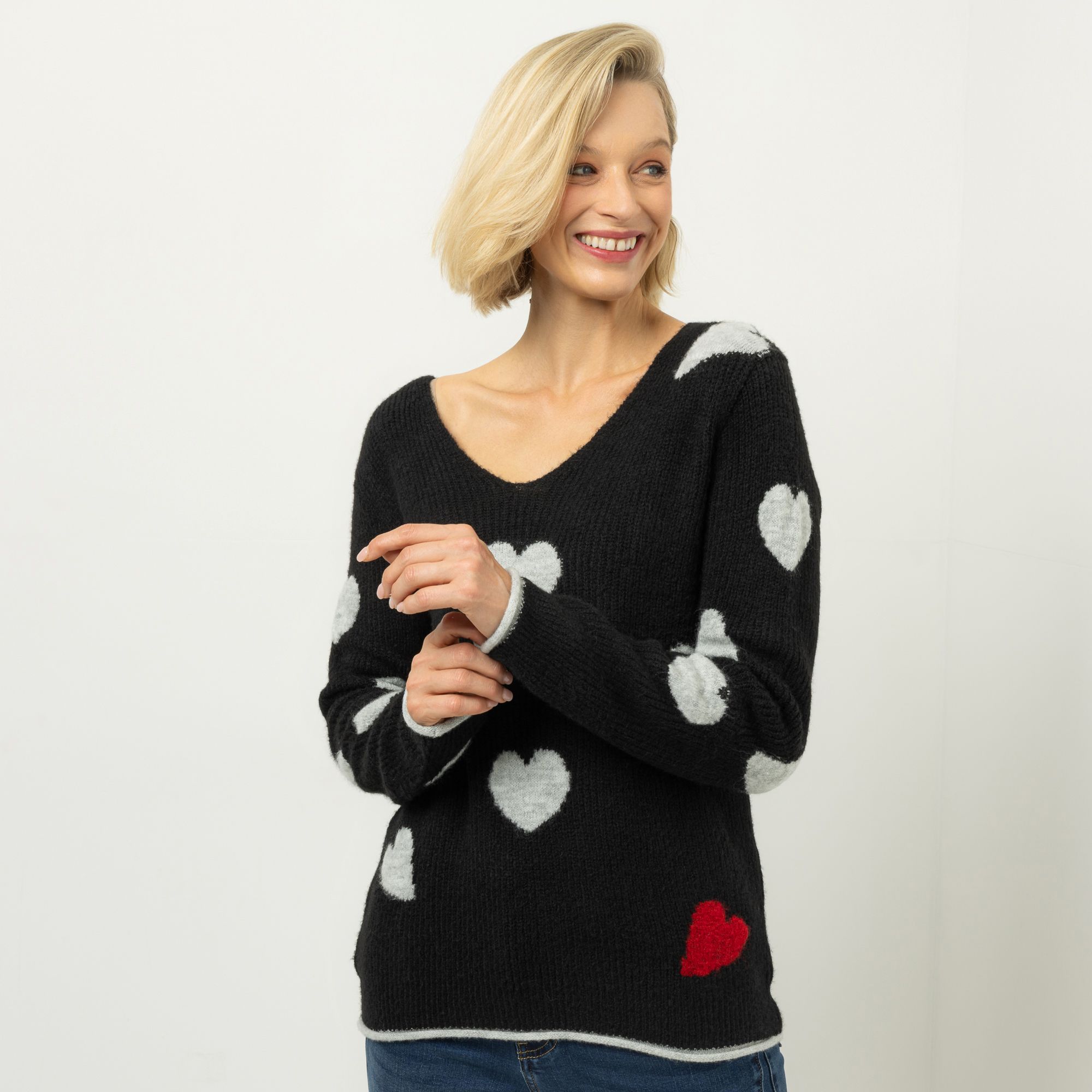 DINE 'N' DANCE Pullover V-Ausschnitt Motiv-Intarsien figurumspielend