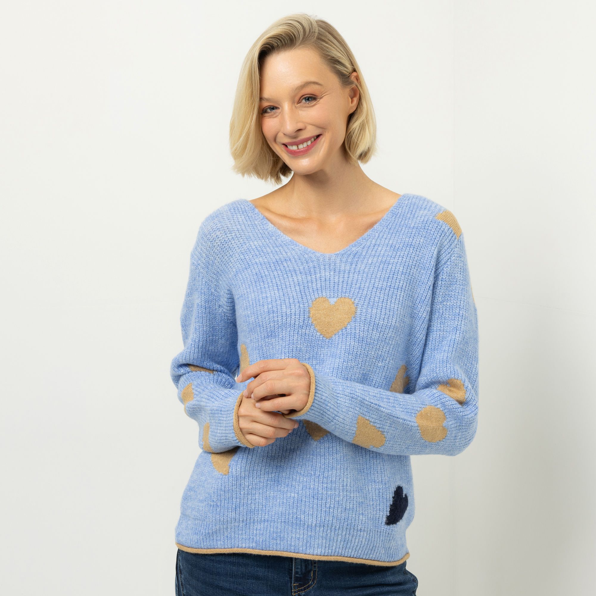 DINE 'N' DANCE Pullover V-Ausschnitt Motiv-Intarsien figurumspielend
