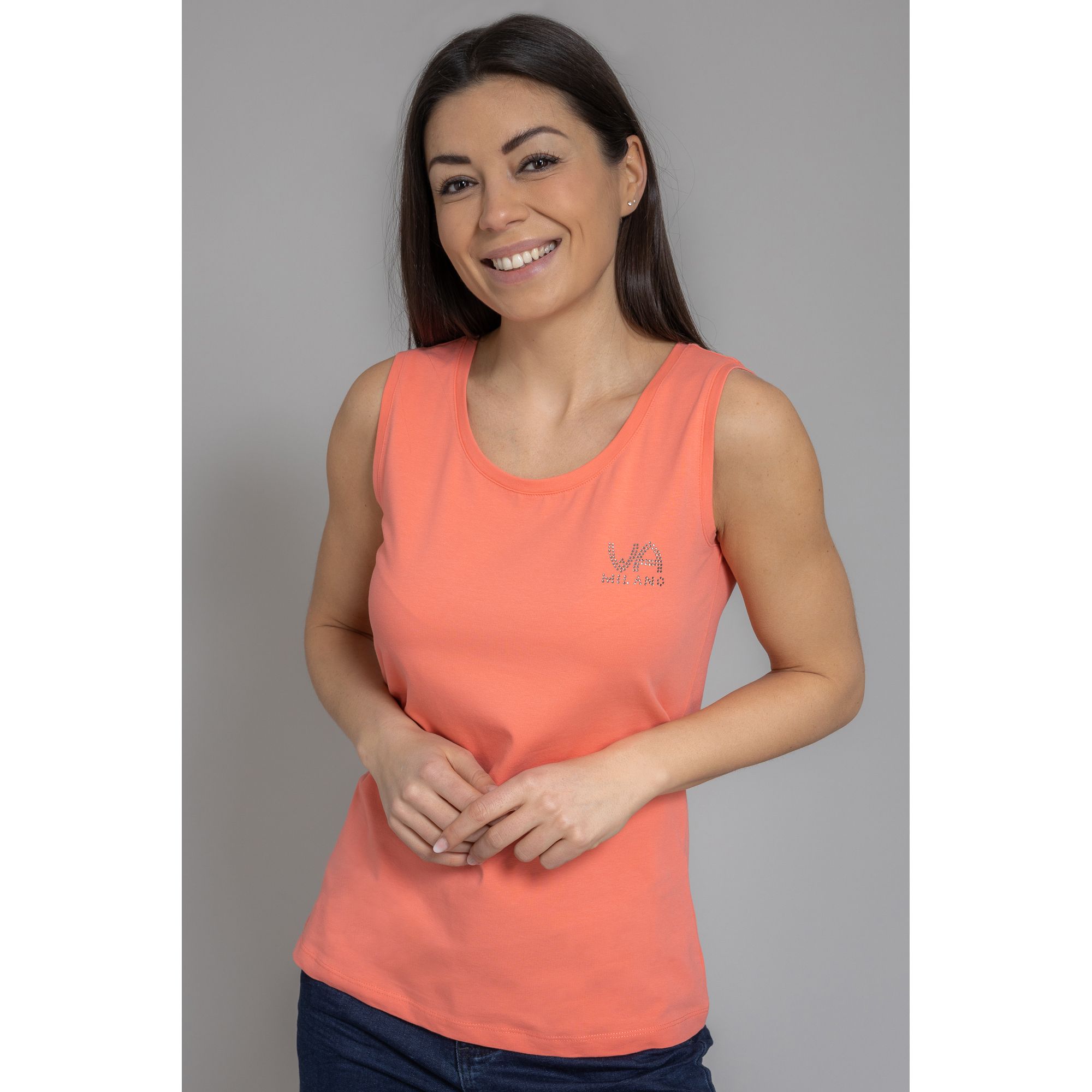 VIA MILANO Top, breite Träger Jersey Strasslogo figurbetont eng