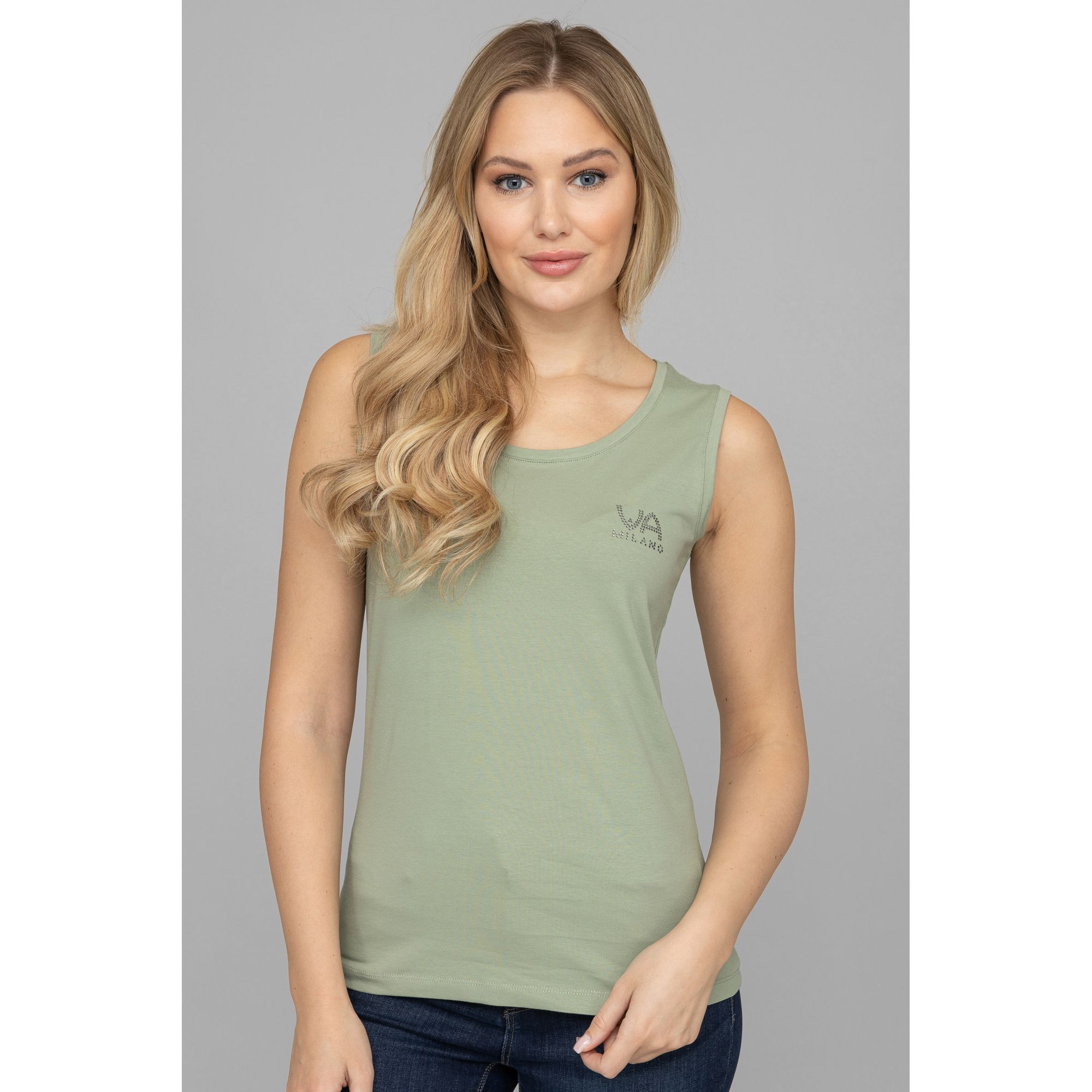 VIA MILANO Top, breite Träger Jersey Strasslogo figurbetont eng