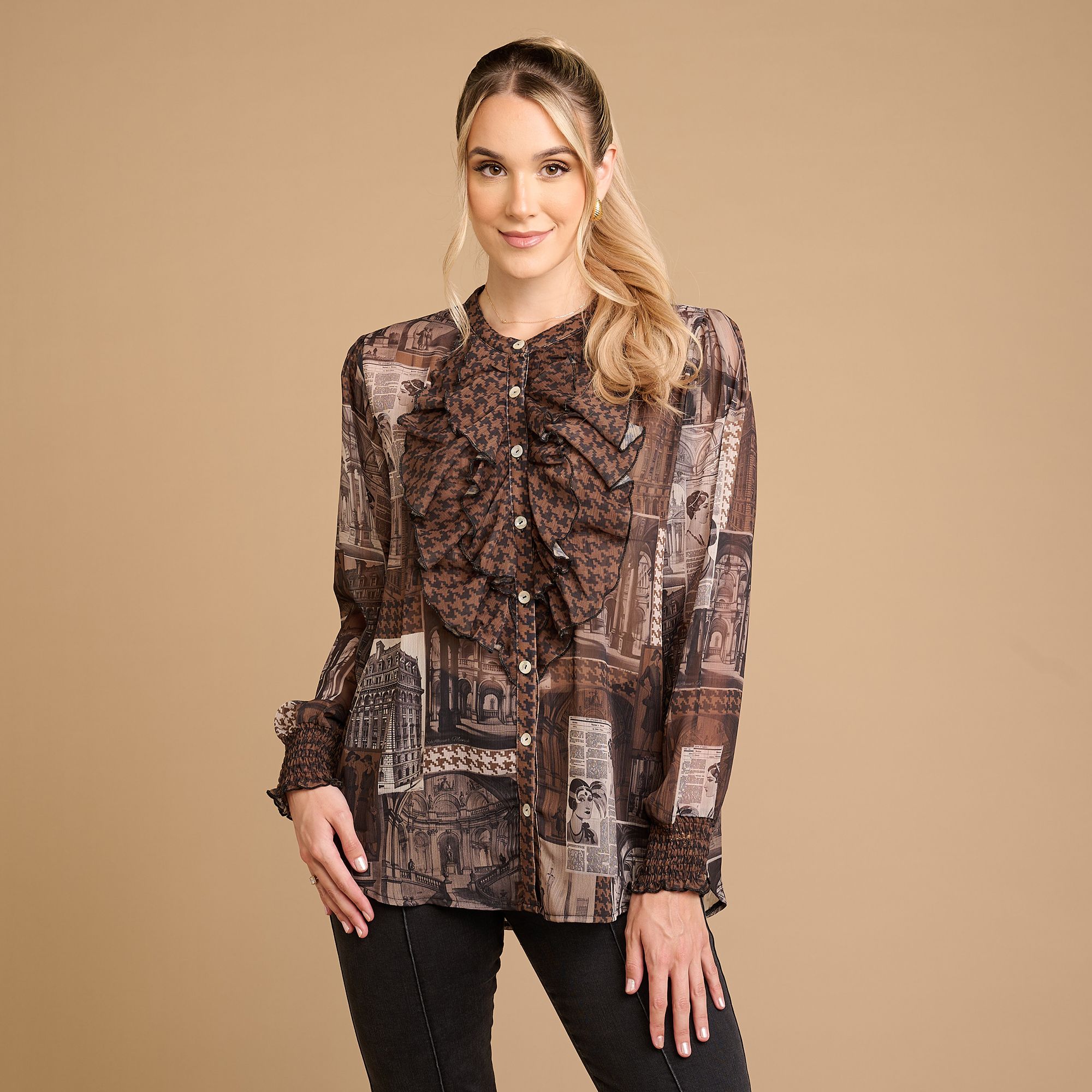 SCHIFFHAUER MUNICH® Bluse Italy Rundhalsausschnitt Allover Druck figurumspielend