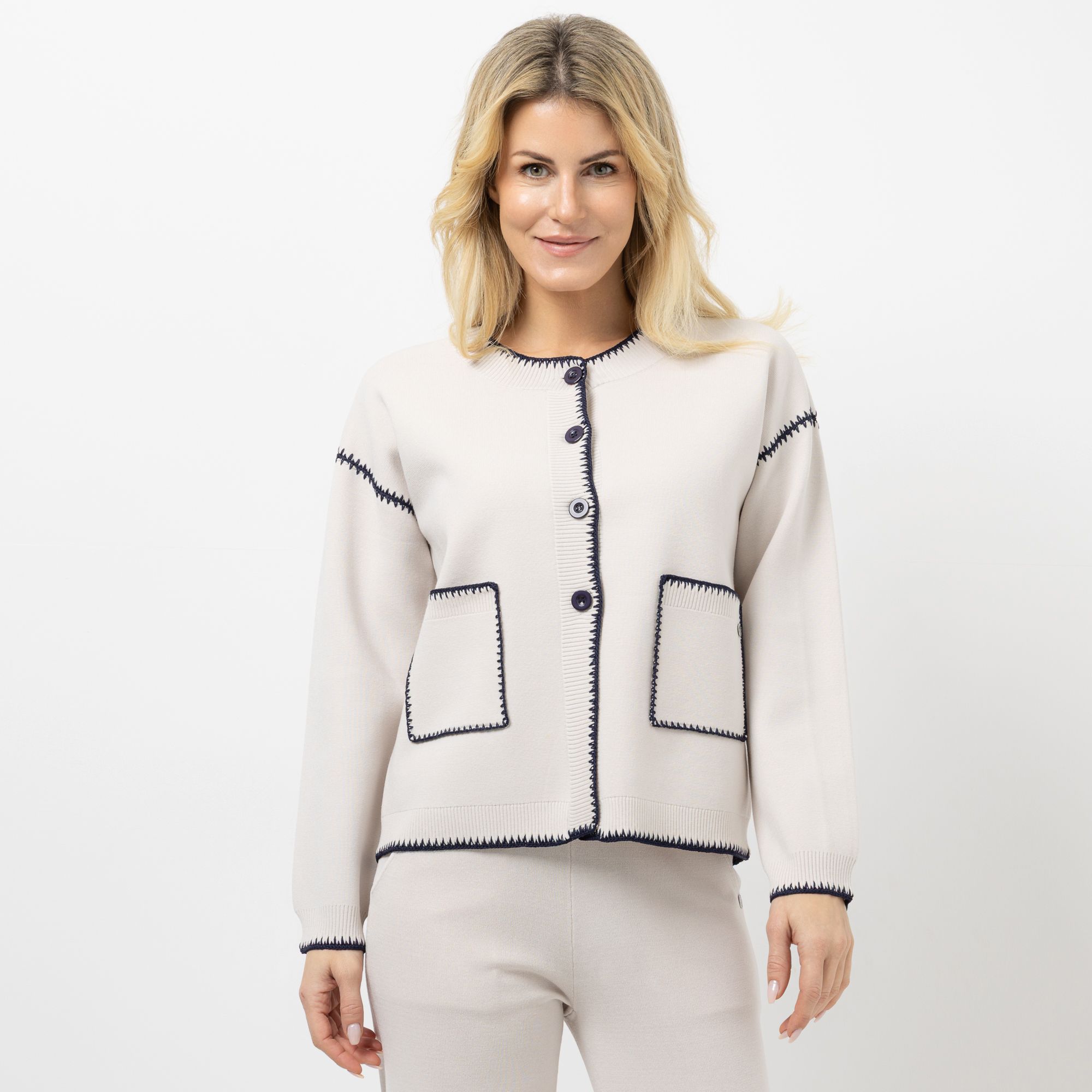 STRANDFEIN Cardigan 1/1-Arm Rundhalsausschnitt Ziernähte figurumspielend