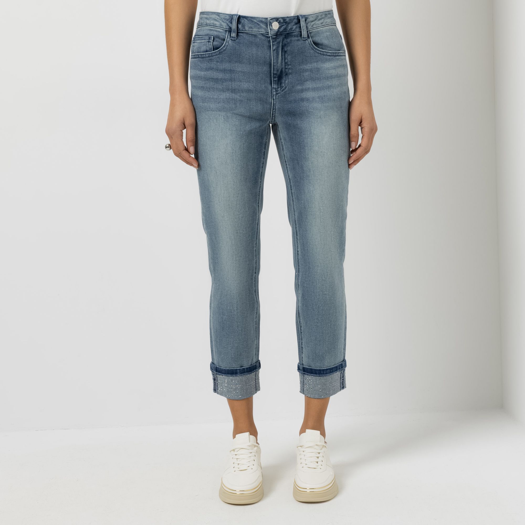 STEFFEN SCHRAUT Jeanshose, 7/8 Länge Saumaufschlag mit Strassdetails sehr schmales Bein