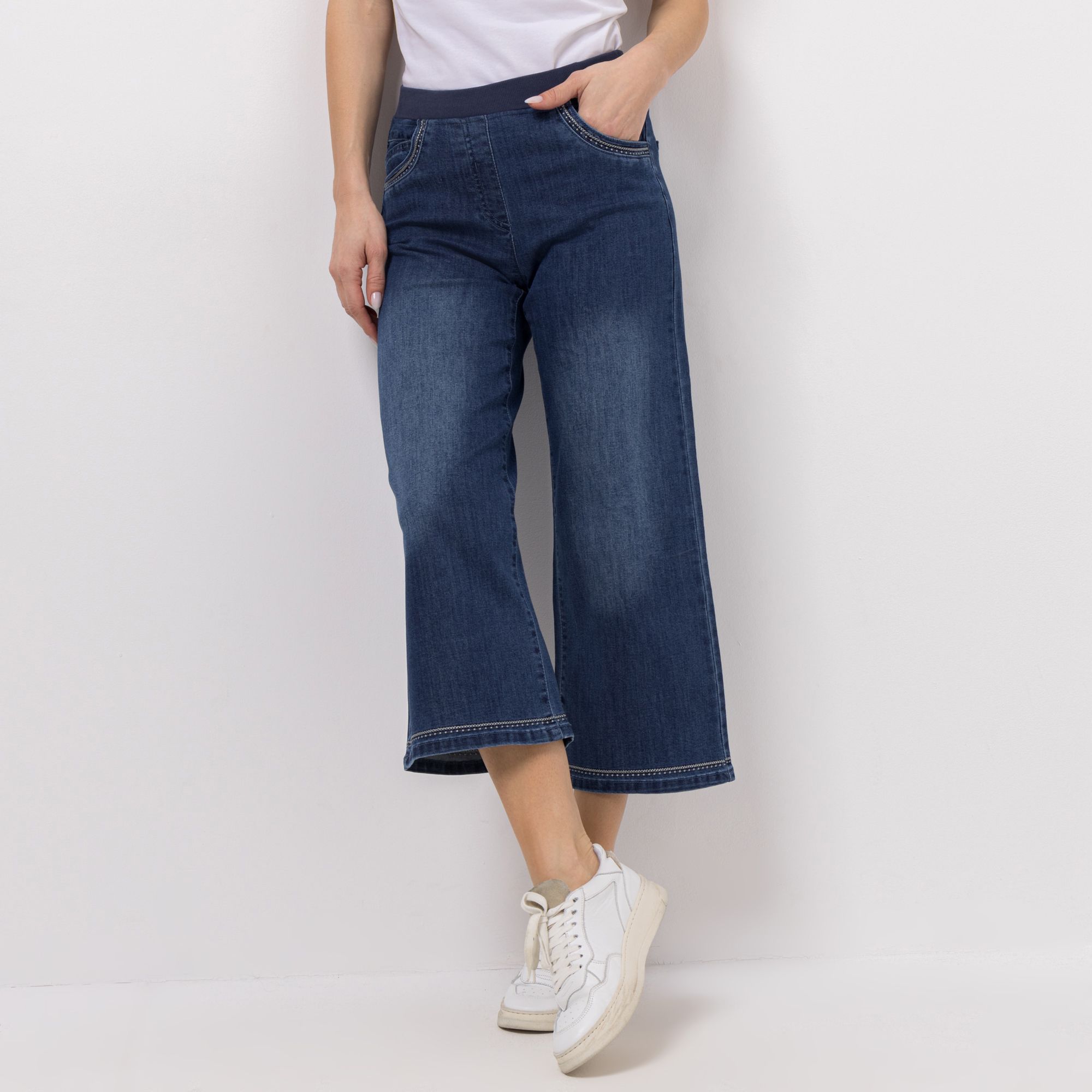 EVA LUTZ Jeanshose, 7/8-Länge Rundumdehnbund Stickerei weites Bein