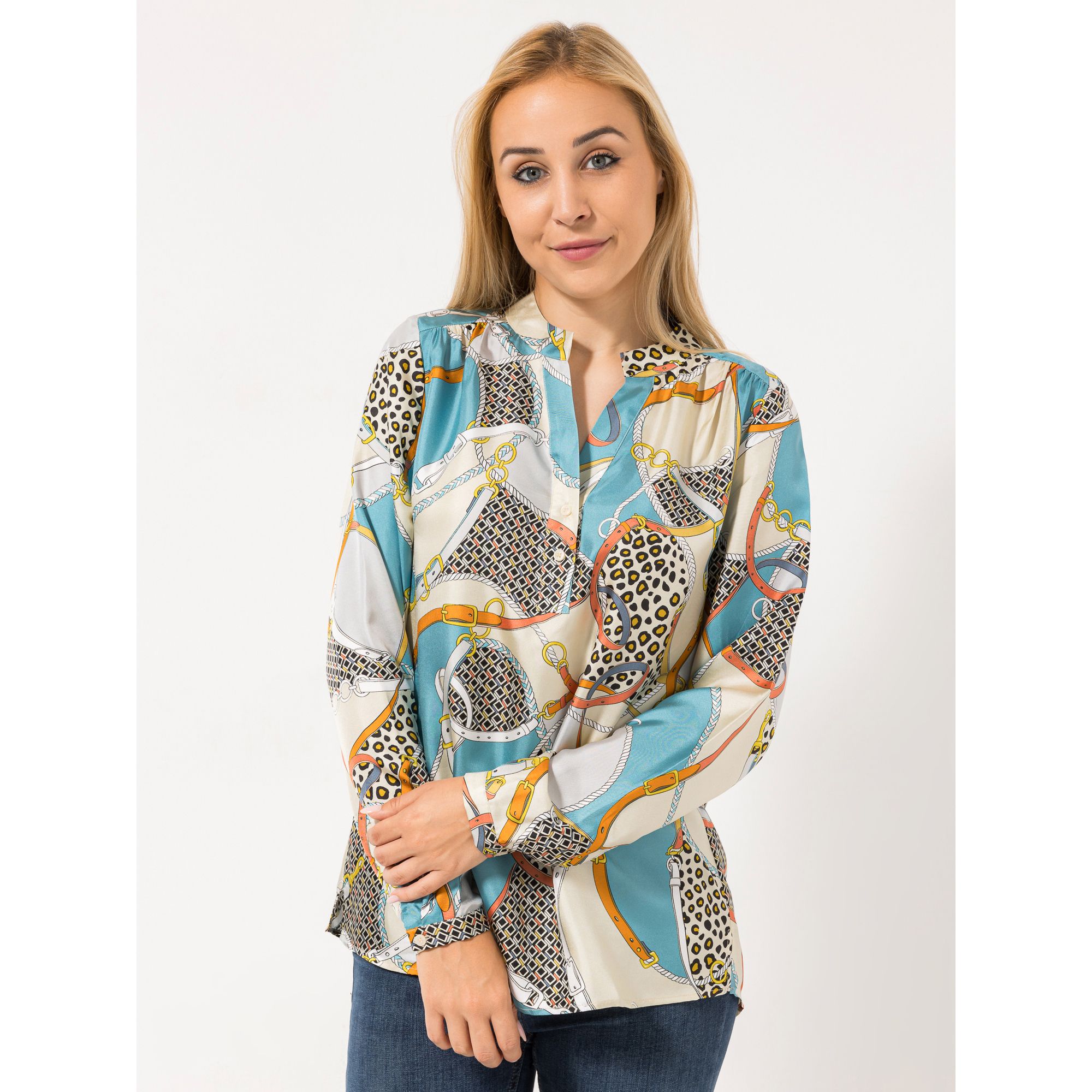 ANNI FOR FRIENDS Bluse, 1/1-Arm Serafino-Ausschnitt 100% Seide leger weit