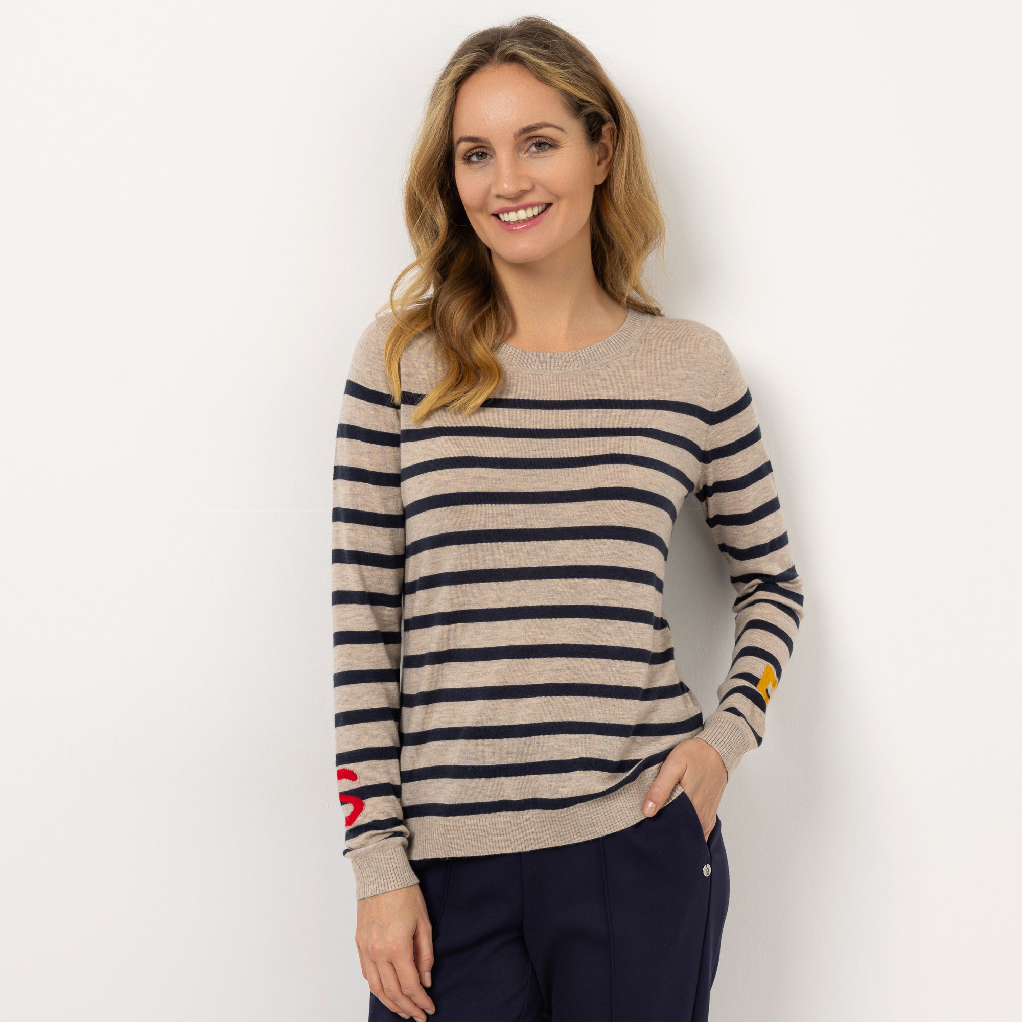 STRANDFEIN Pullover, gestreift Logo-Intarsie & Stickerei figurumspielend