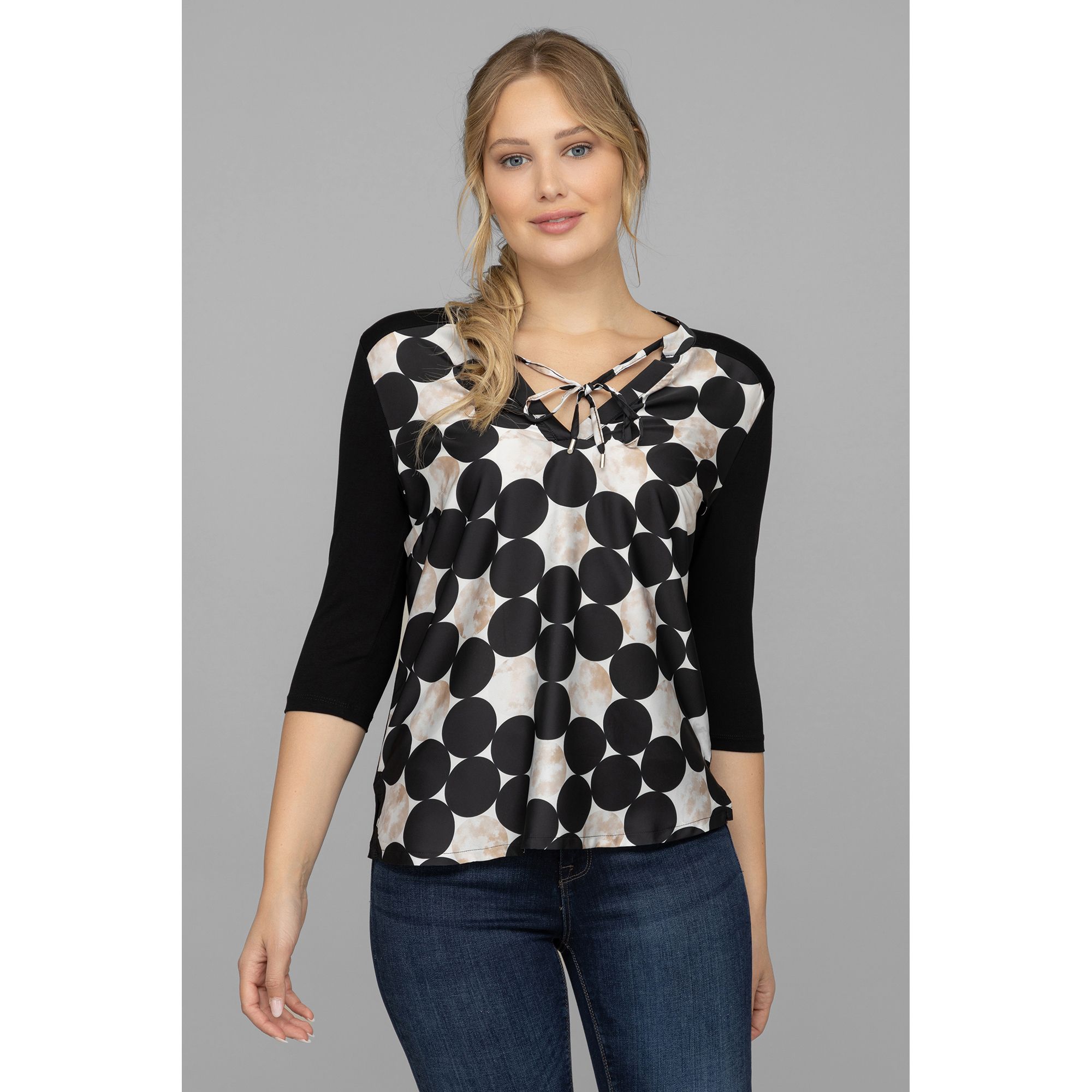 DINE 'N' DANCE Blusenshirt, 3/4-Arm Materialmix Bindebänder figurumspielend