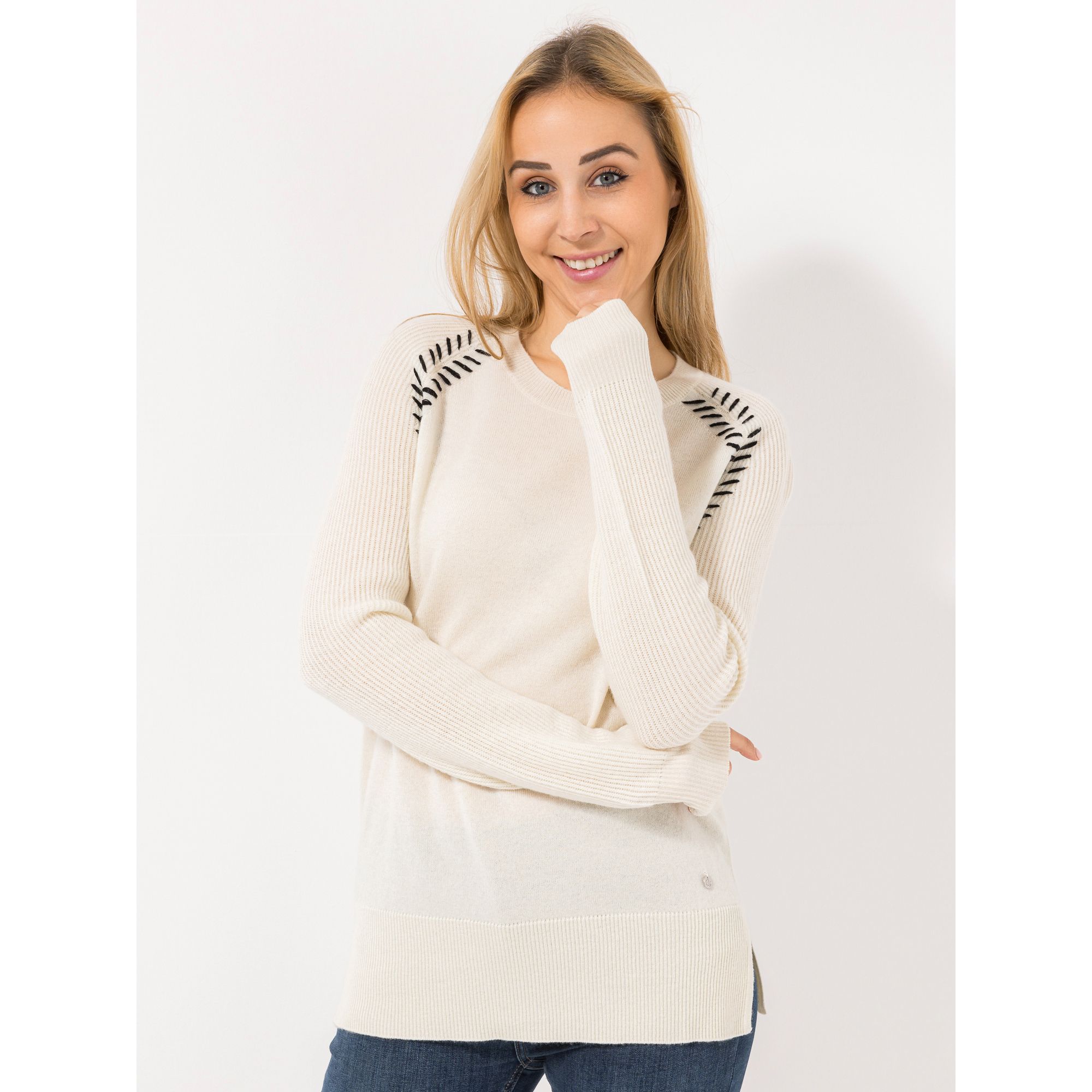 EVA LUTZ Pullover Rundhalsausschnitt Kontraststickerei figurumspielend