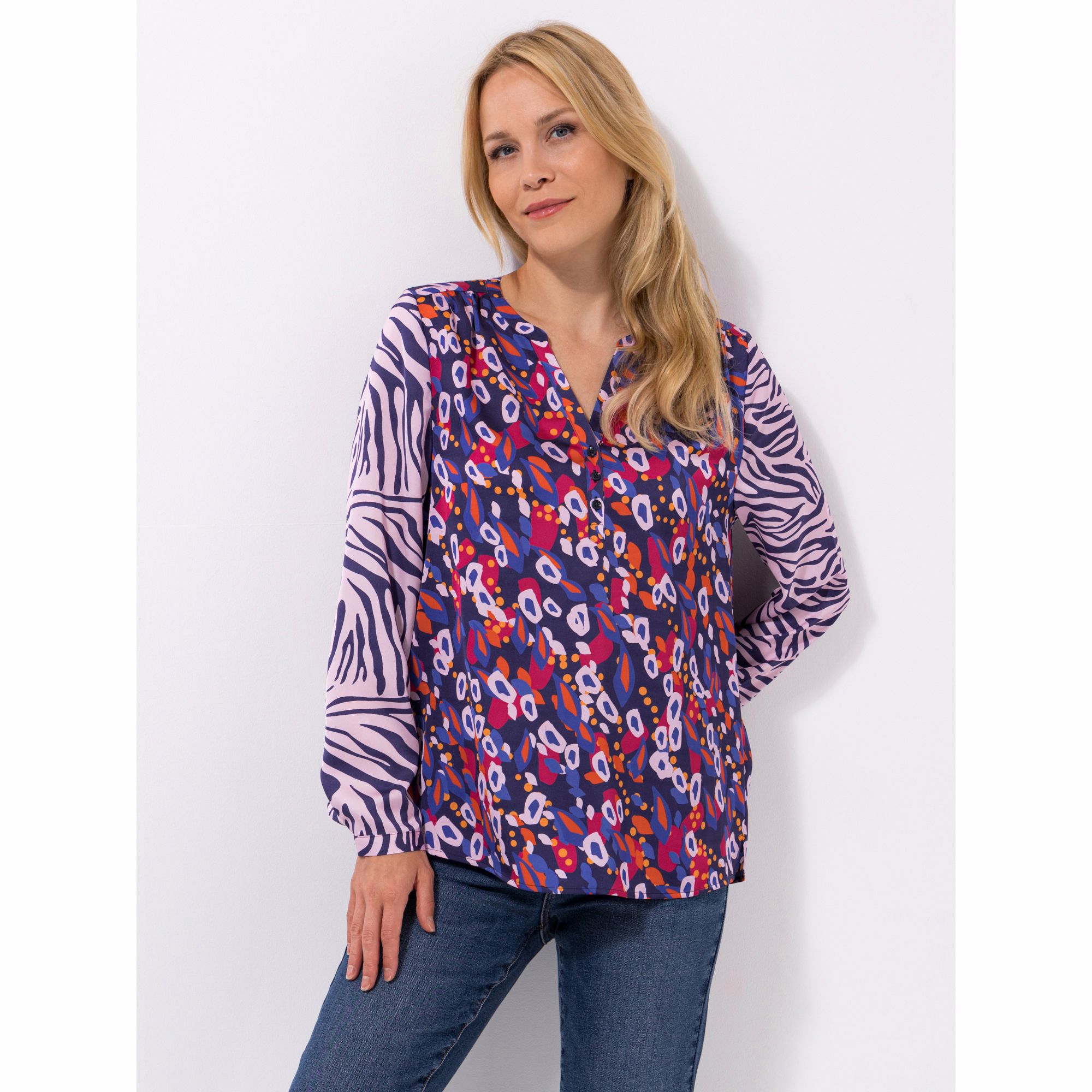 ANNI FOR FRIENDS Bluse Anna, 1/1-Arm Serafino-Ausschnitt Allover-Druck hüftbedeckend