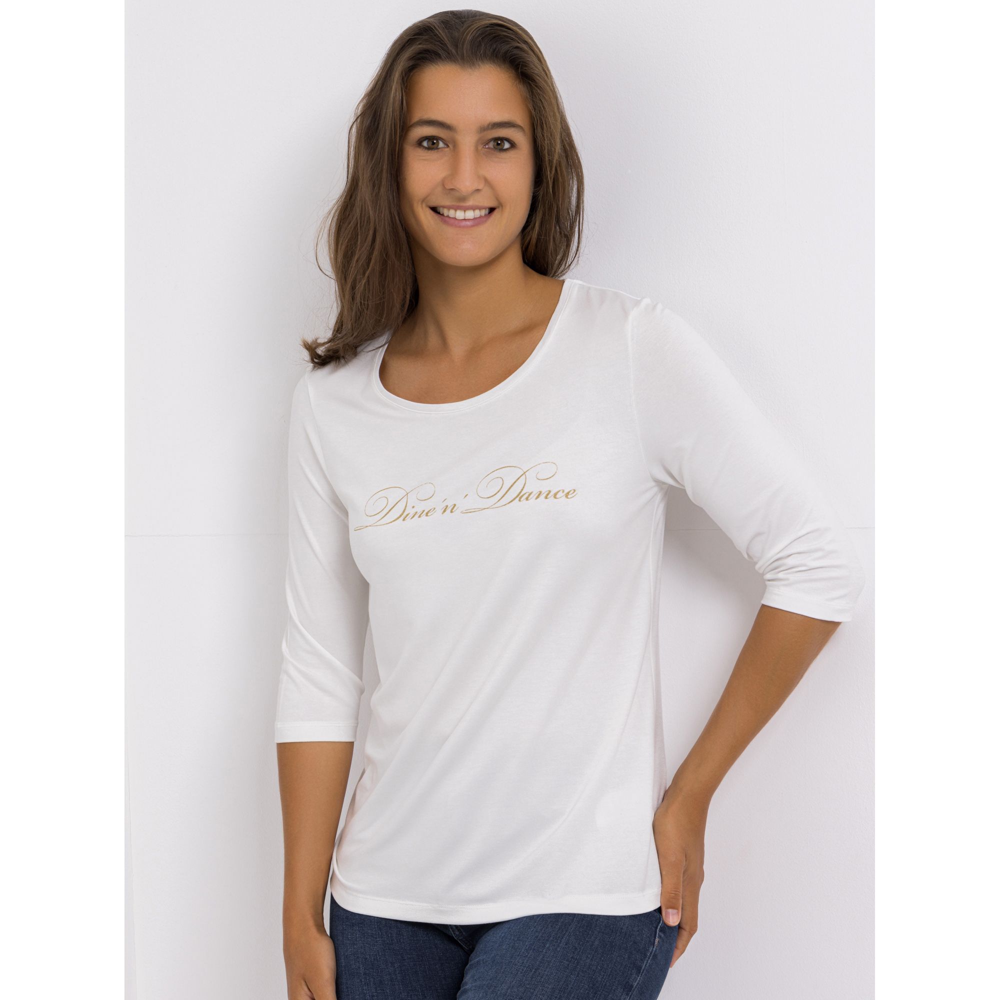 DINE 'N' DANCE Shirt, 3/4-Arm Rundhalsausschnitt Logo-Schriftzug figurumspielend