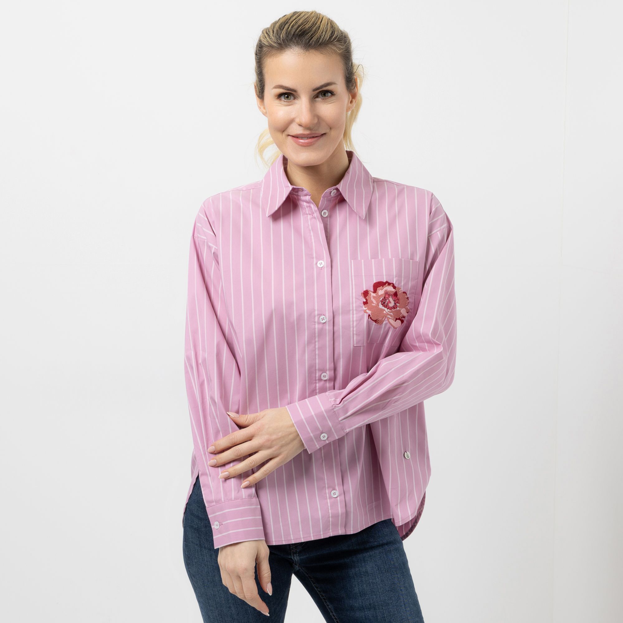 STRANDFEIN Bluse Hemdblusenkragen Blumen-Stickerei leger weit