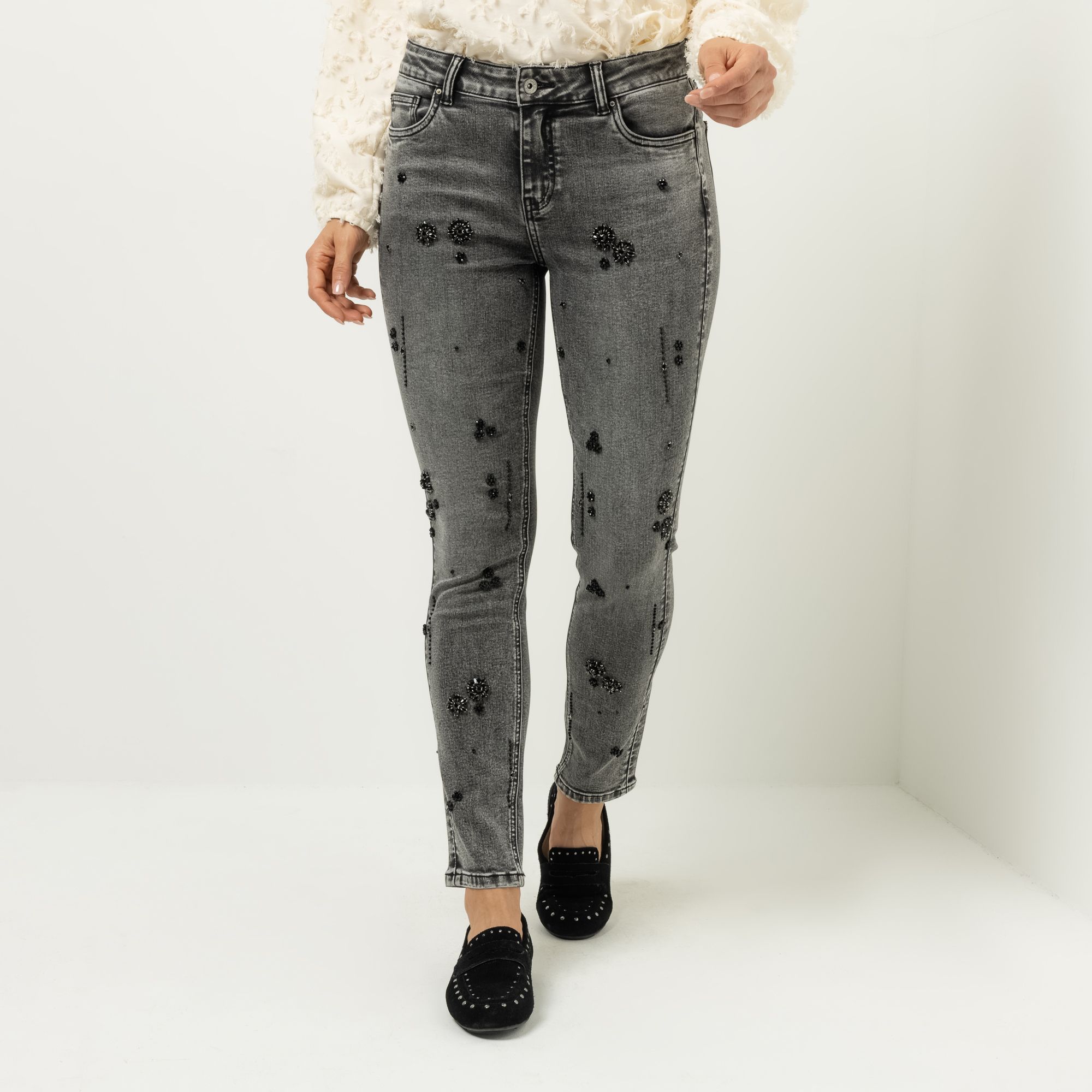 DINE 'N' DANCE Jeanshose Salsa knöchellang Schmuck-Dekoration schmales Bein