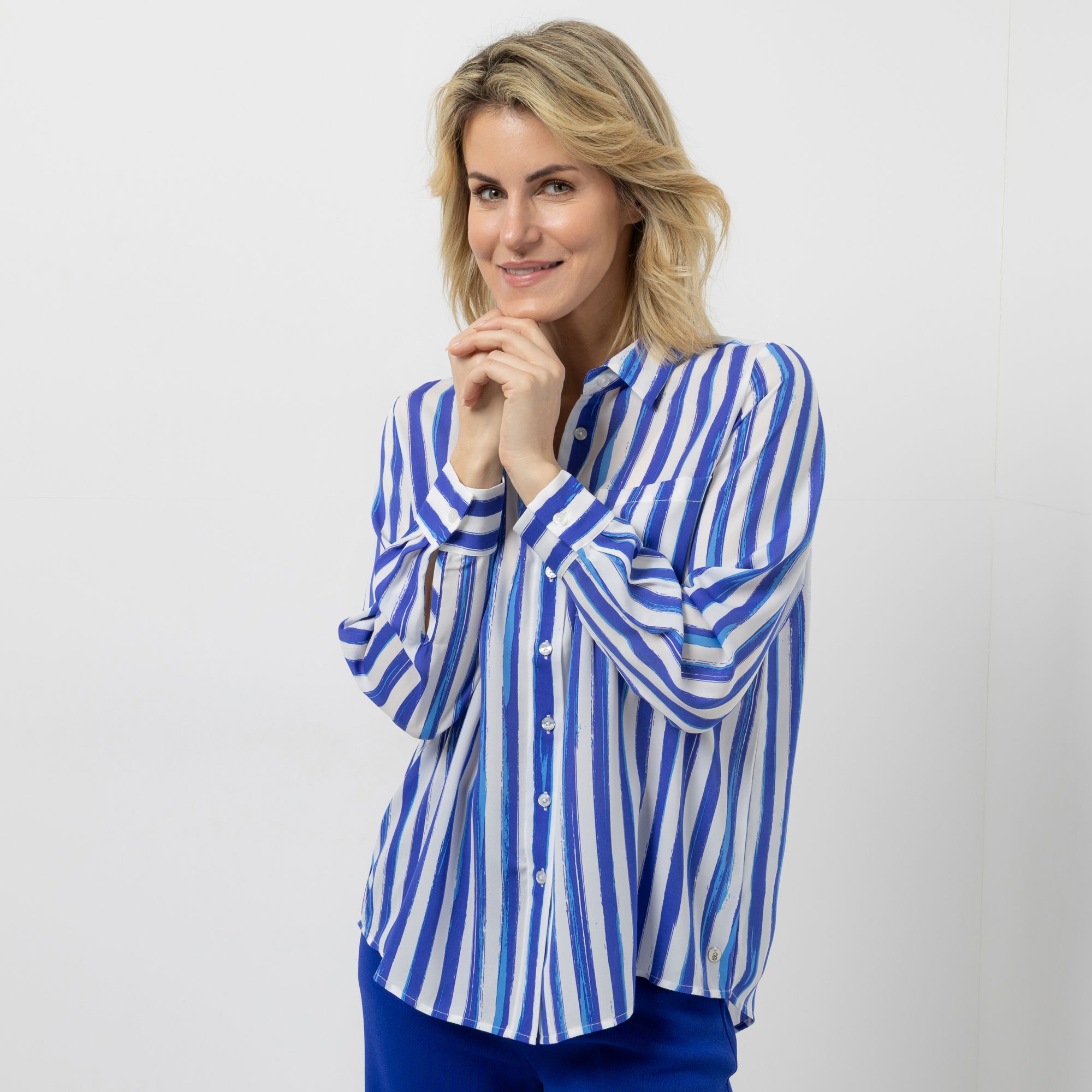 STRANDFEIN Bluse Hemdblusenkragen gestreift leger weit