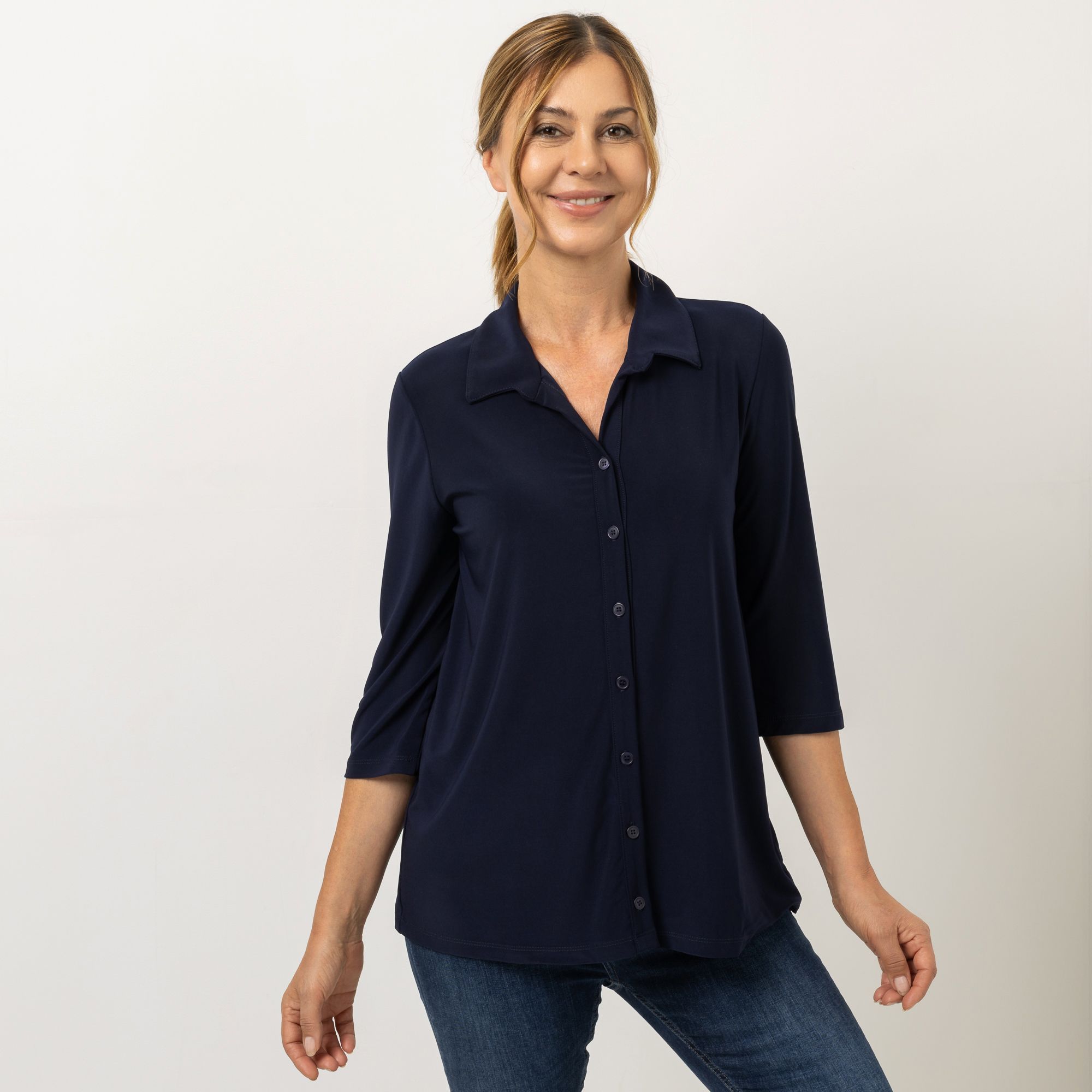 KIM & CO. Blusenshirt, 3/4-Arm Brazil Knit Jersey Knopfleiste figurumspielend