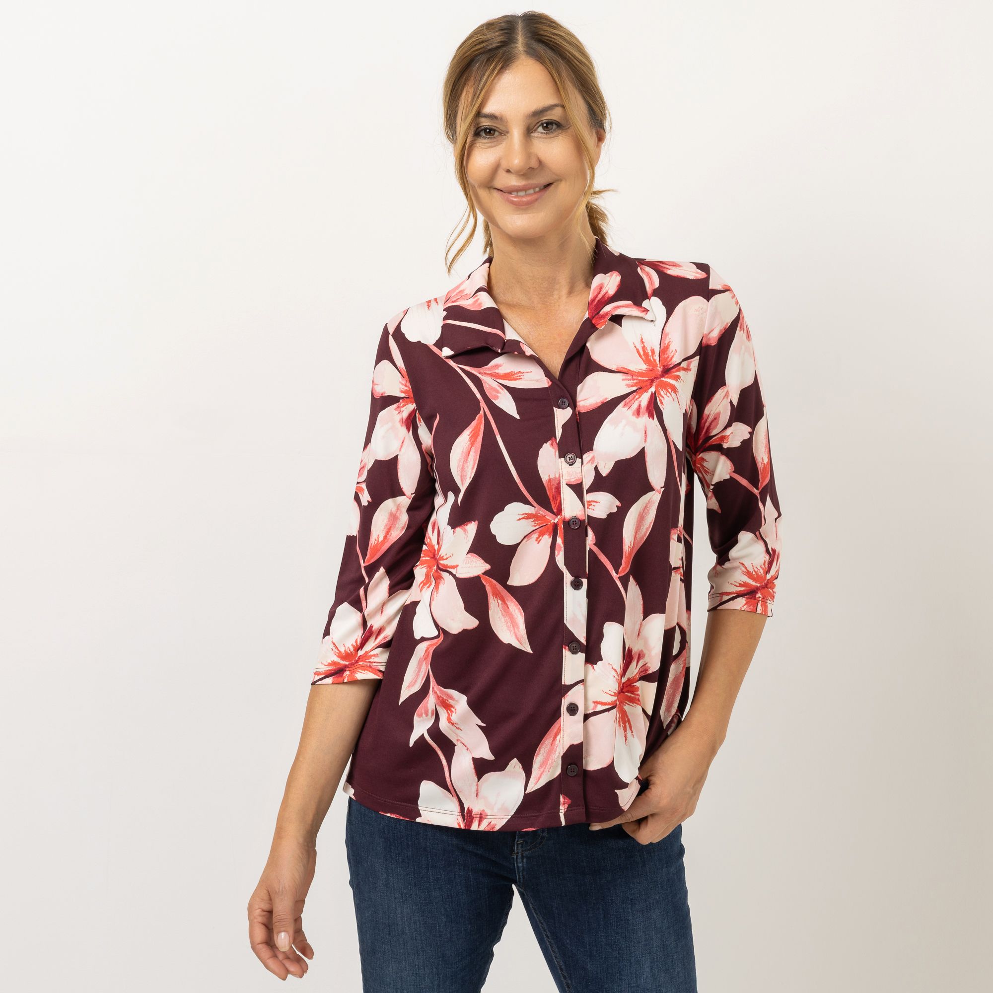 KIM & CO. Jerseybluse, 3/4-Arm Brazil Knit Jersey Knopfleiste figurumspielend