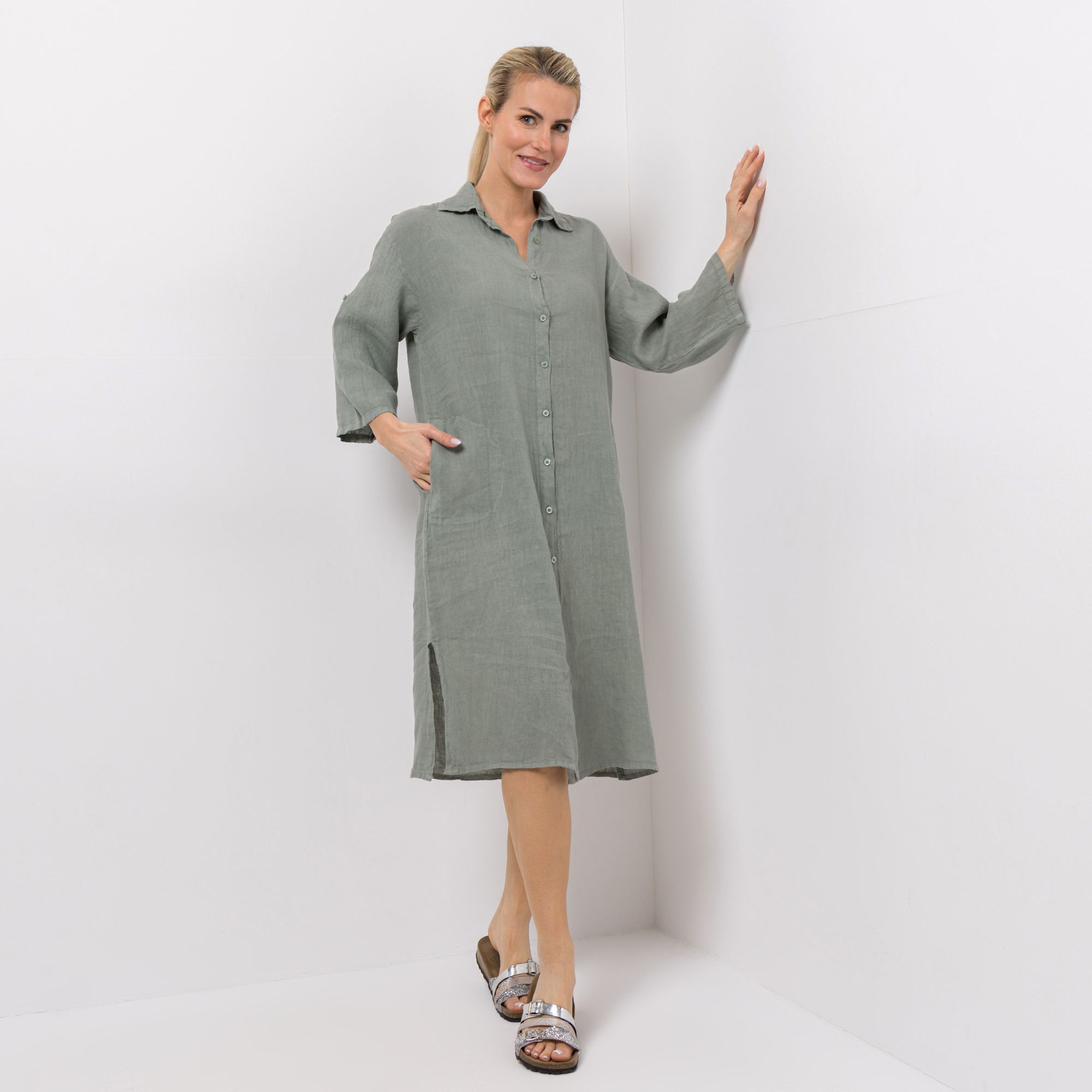 DINE 'N' DANCE Leinenkleid 7/8-Arm wadenumspielend oversize