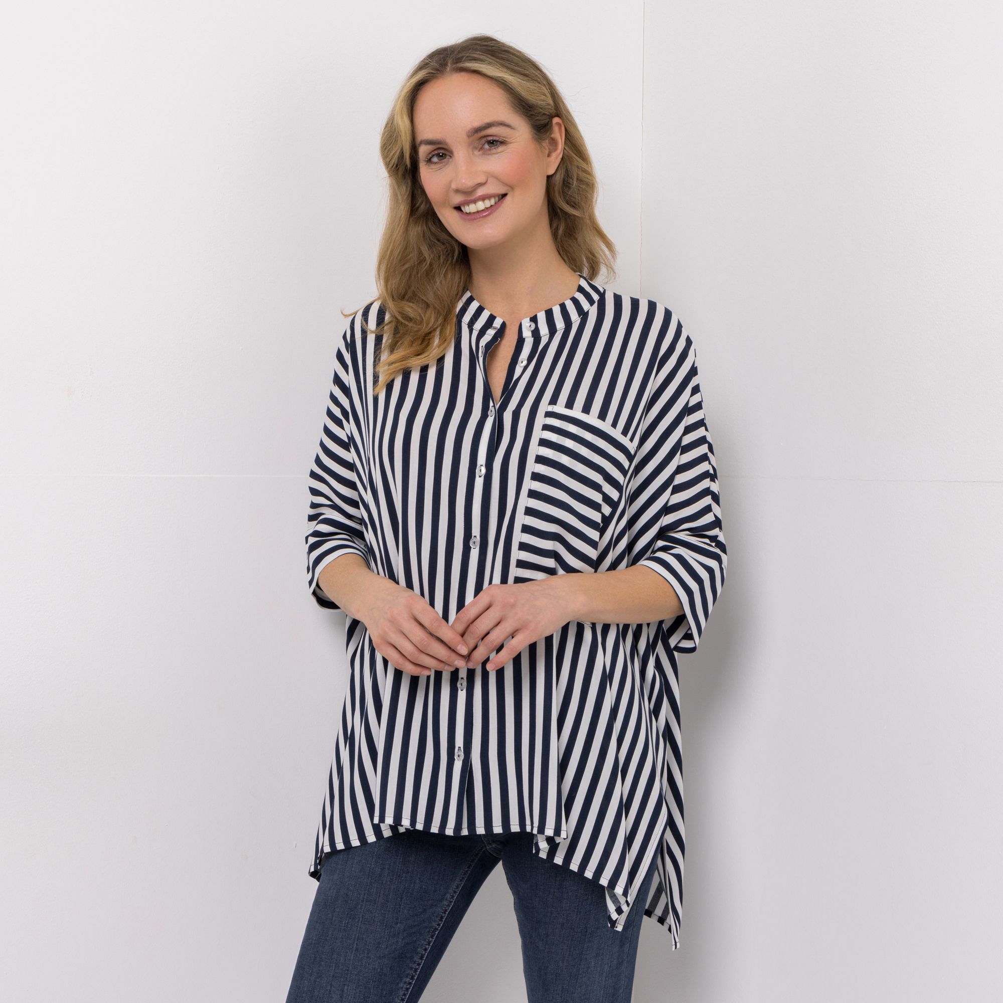 DINE 'N' DANCE Bluse, 3/4-Arm Stehkragen Brusttasche oversize