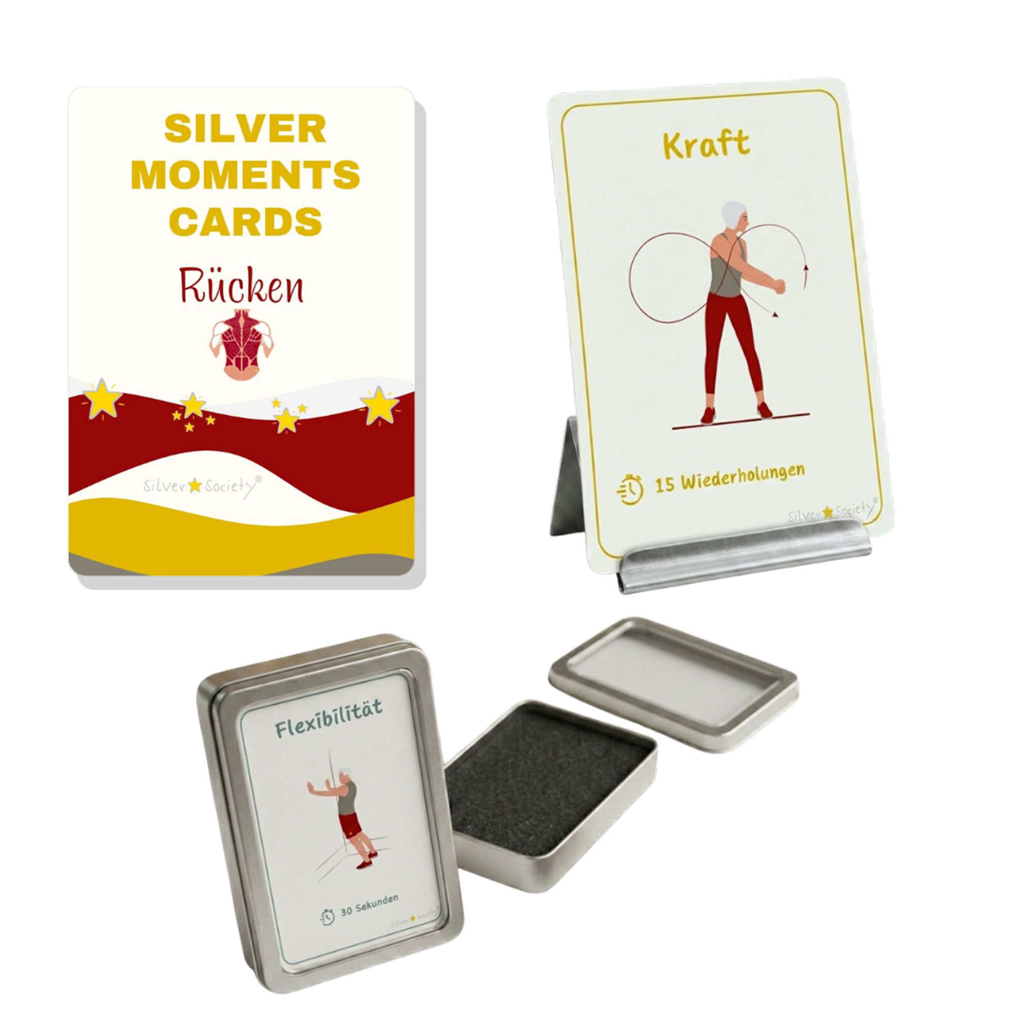 SILVER STAR SOCIETY® Rücken Übungskarten Set inkl. Kartnehalter, Aufbewahrungsbox