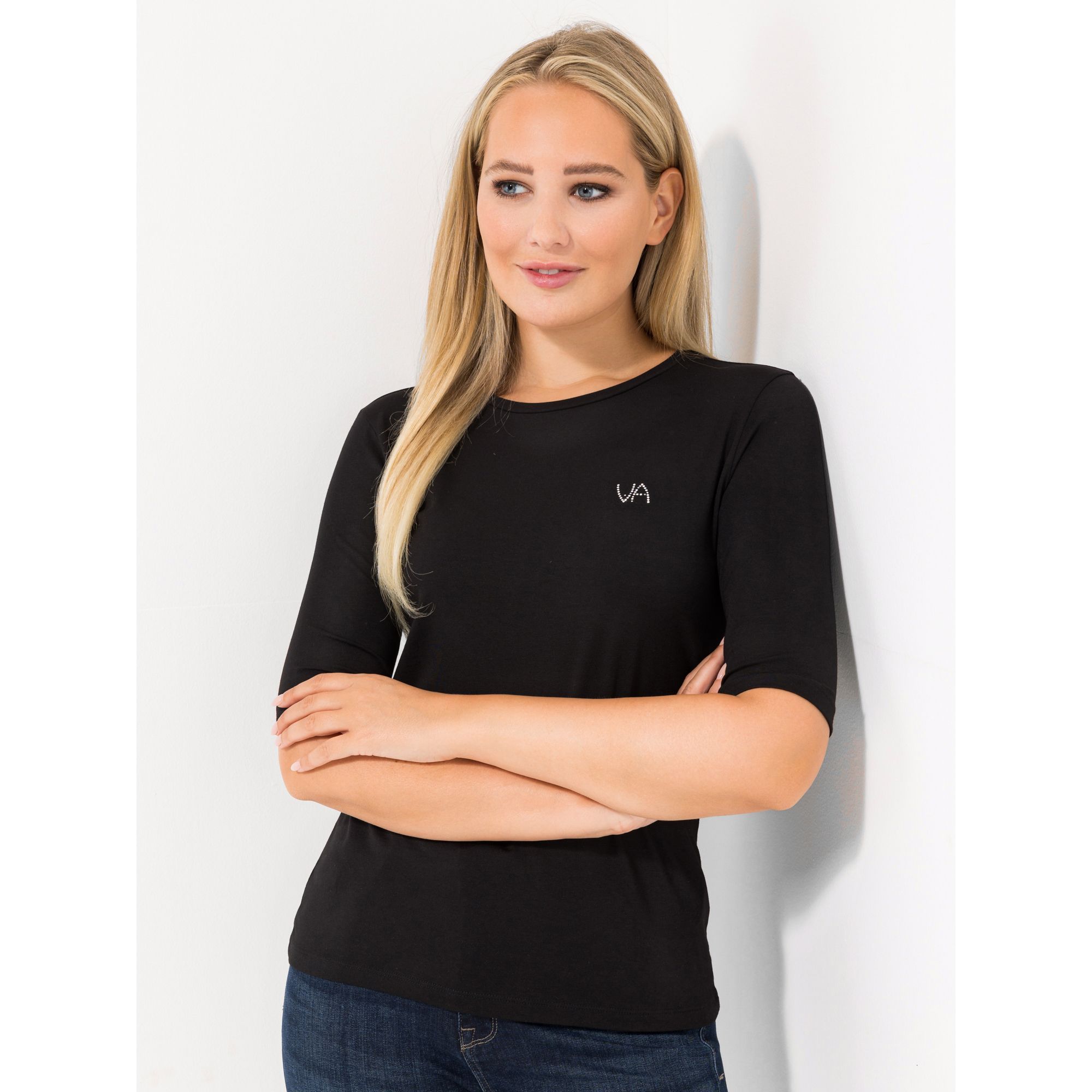 VIA MILANO Shirt, langer Halbarm Rundhalsausschnitt Strass-Logo figurumspielend