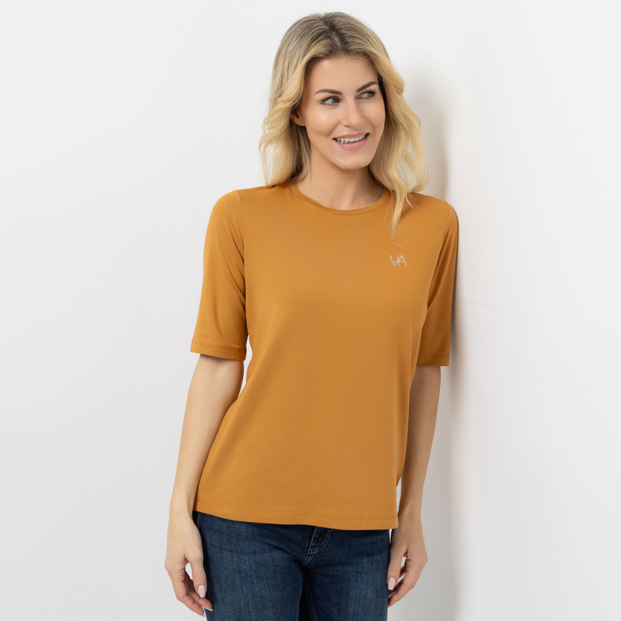 VIA MILANO Shirt, langer Halbarm Rundhalsausschnitt Strass-Logo figurumspielend